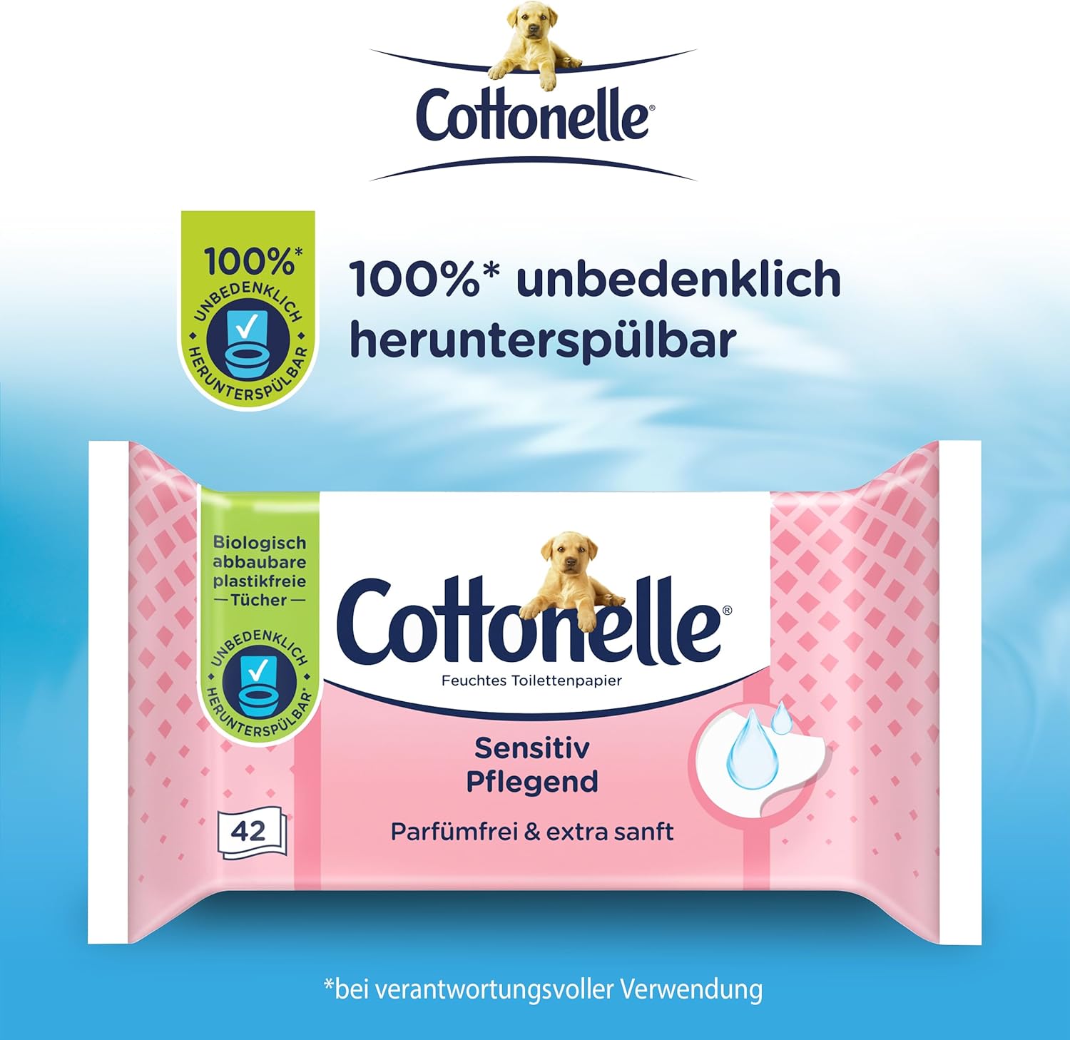 Cottonelle Feuchtes Toilettenpapier, empfindlich pflegend – parfümfrei, biologisch abbaubar, plastikfrei, wiederverschließbar, Vorteilspackung, 12 x 42 Feuchttücher – Bild 2