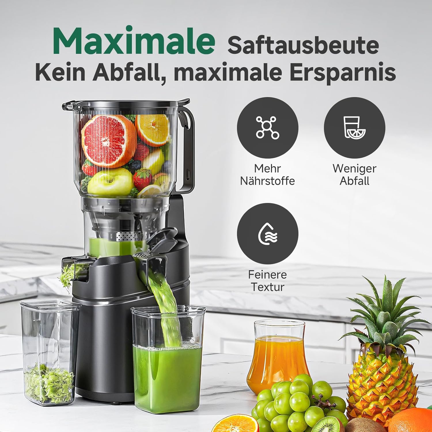 AMZCHEF 250W Automatischer All-In-One-Entsafter, 150mm Öffnung und 2L Kaltpress-Entsafter für Gemüse und Obst, Entsafter Slow Juicer Testsieger mit Dreifachfilter - Schwarz – Bild 6