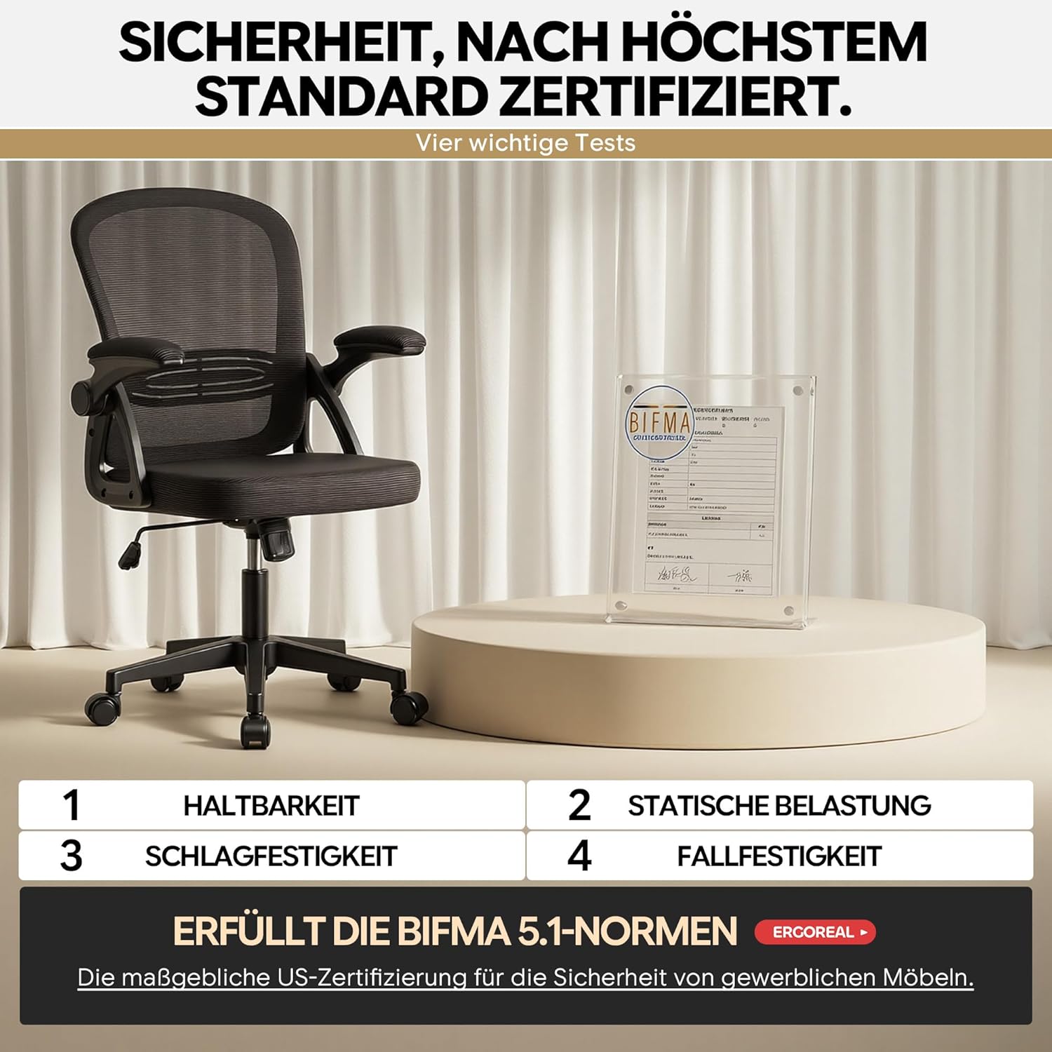 25W02 Ergonomischer Bürostuhl, 90-110° verstellbare Rückenlehne & klappbare Armlehnen (90°), Bürostuhl mit Rollen & Höhenverstellung, Heimbüro & Arbeitszimmer (Tiefschwarz) – Bild 8