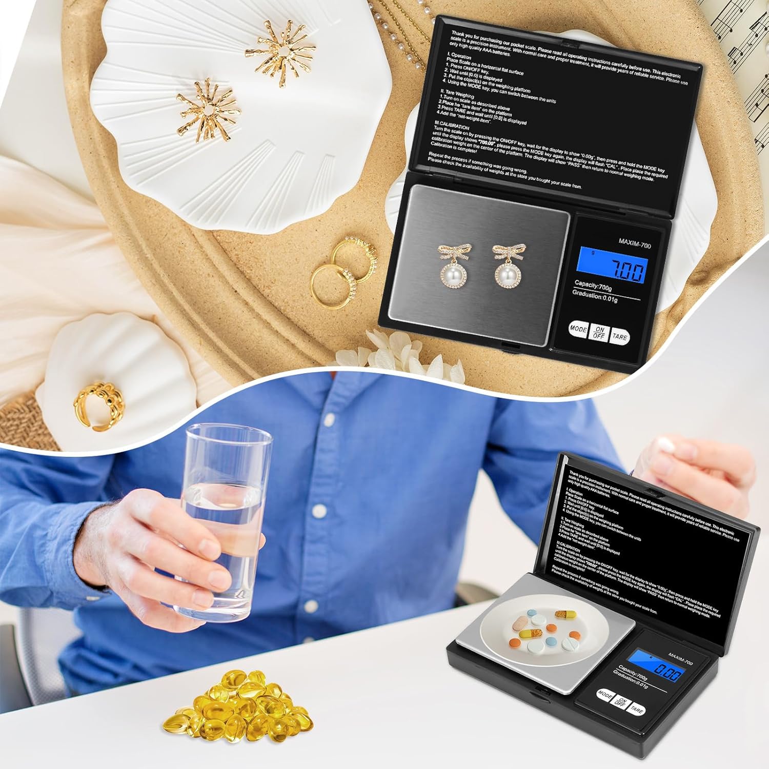 Oderra Präzisionswaage 700 g x 0,01 g, tragbare Schmuckwaage mit LCD-Display, inklusive 2 Batterien, geeignet für Schmuck, Gold, Kaffee und Lebensmittel – Bild 2