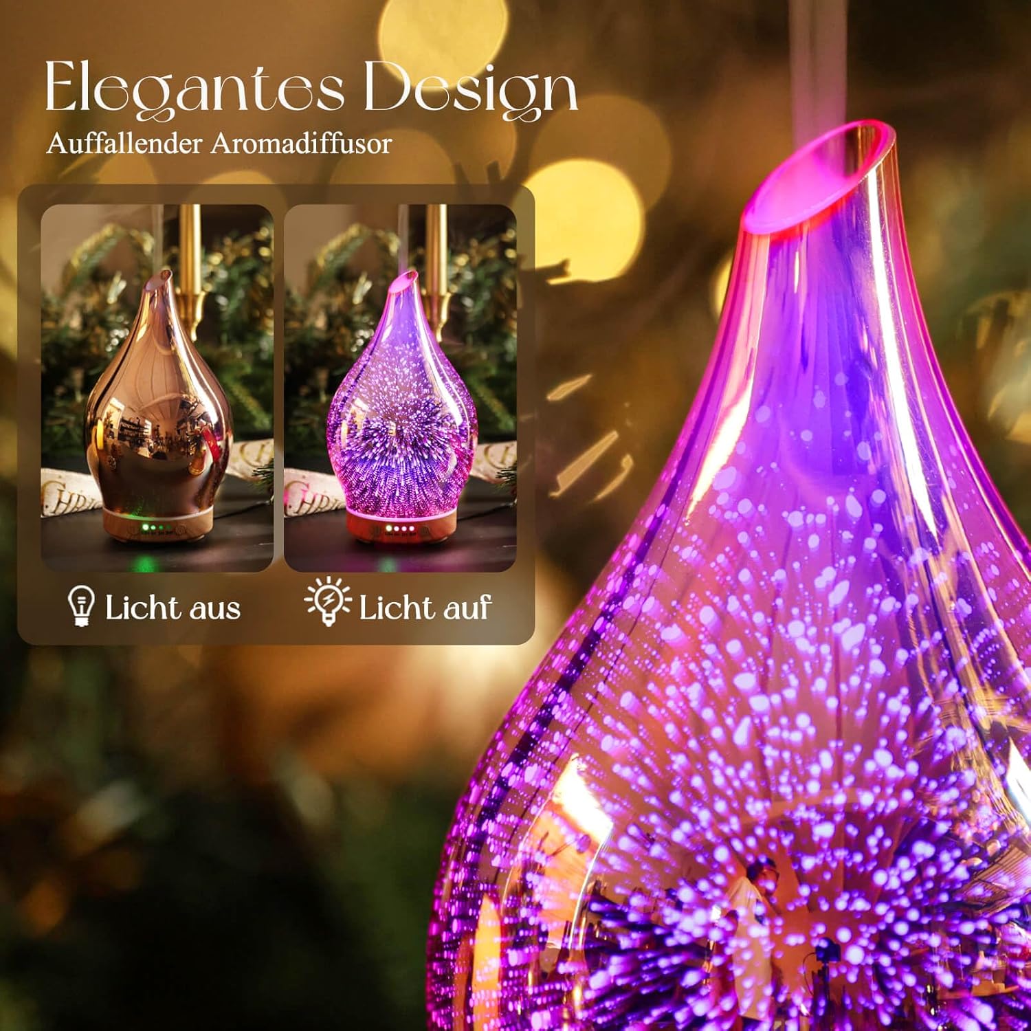 Porseme Aroma-Diffusor 150 ml, mundgeblasener 3D-Glas-Luftbefeuchter, Ultraschall-Aromatherapie-Öl-Diffusor mit 7 farbigen LED-Lichtern, Diffusor für ätherische Öle mit Timer, BPA-frei für Zuhause (Roségold) – Bild 5