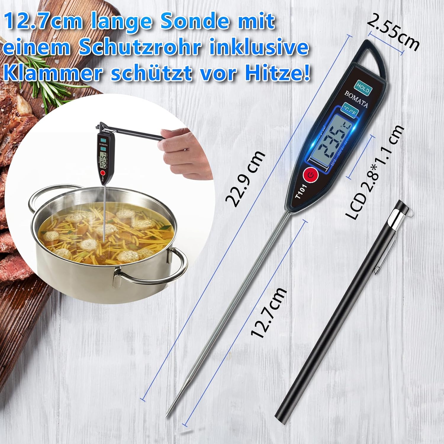 BOMATA Wasserdichtes IPX7-Thermometer, geeignet für Wasser, Flüssigkeiten, Kerzen und Kochen. Sofort ablesbares Lebensmittelthermometer mit langer Sonde, geeignet zum Kochen, Fleisch, Grillen. T101 schwarz – Bild 4