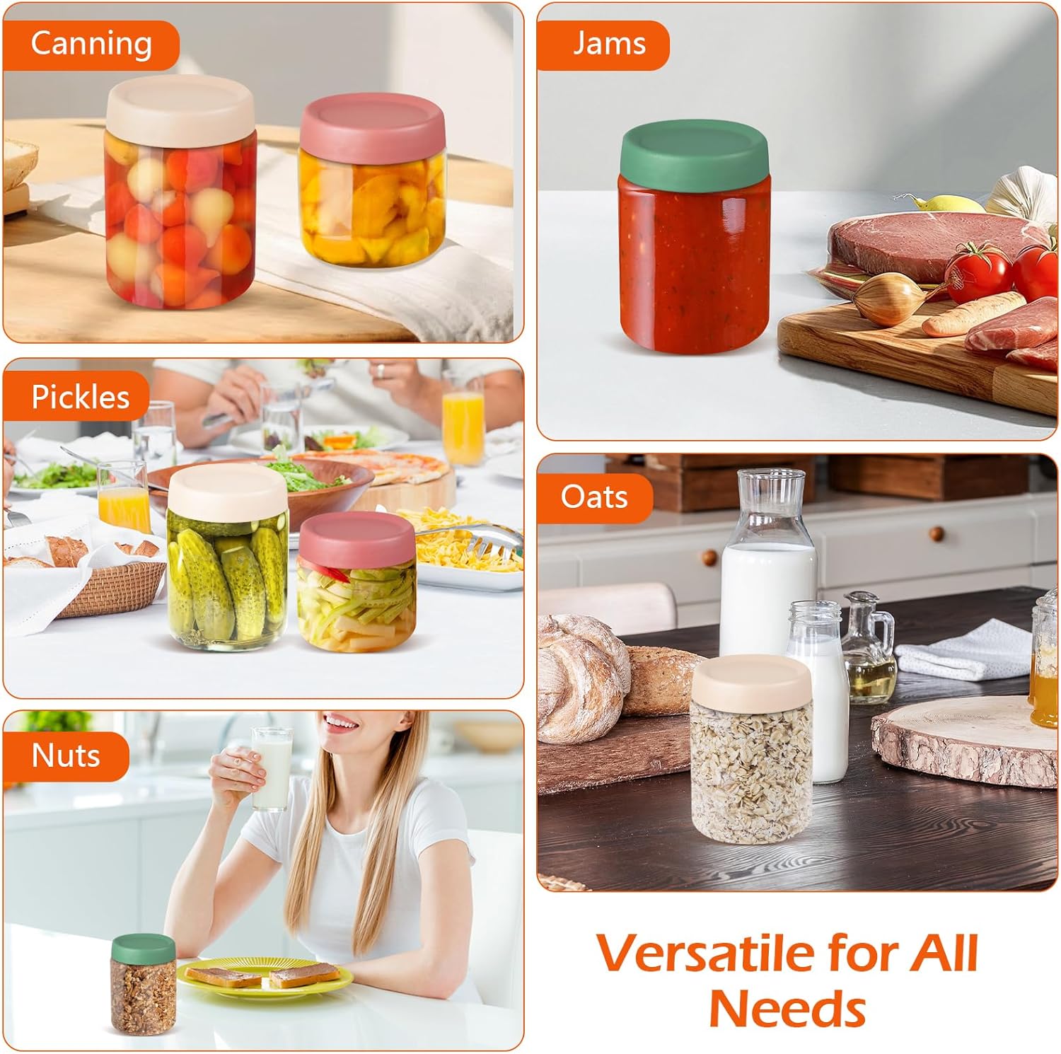 VINATO Meal-Prep-Gläser, 6er-Set mit Deckel, 3 x 480 ml + 3 x 350 ml Overnight Oats-Behälter, stapelbare Joghurtgläser aus Glas für Frühstück und Aufbewahrung – Bild 8