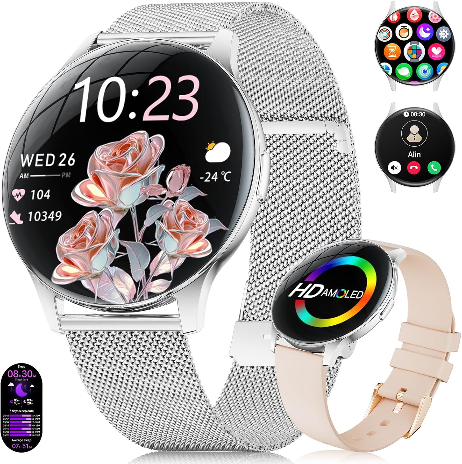 Damen-Smartwatch mit Anrufen – 7,99 mm ultradünne elegante Fitnessuhr mit 1,43 Zoll HD Always-On-Display, IP68 wasserdicht, 100+ Sportmodi, Damengesundheit für iOS Android, Silber