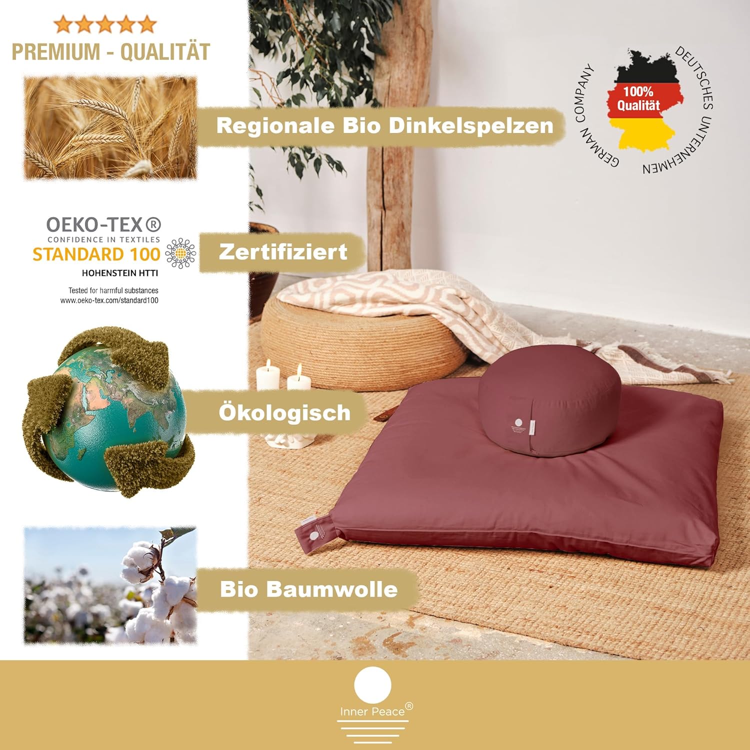 Inner Peace Yogakissen Meditationskissen aus 100 % Bio-Baumwolle und mit Bio-Dinkelspelzfüllung | Yogakissen Rundes Yoga-Sitzkissen, Yogakissen-Meditationskissen, Yoga-Meditationskissen – Bild 3