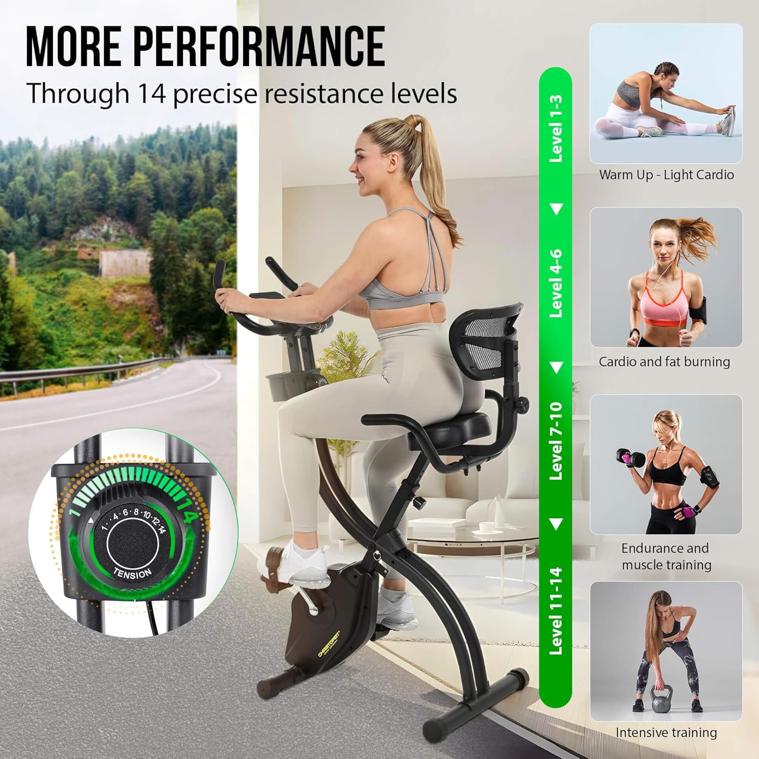 Christopeit Klappbarer Heimtrainer Velo Fit – Fitnessfahrrad mit Rückenlehne – leiser Magnetwiderstand, 14 Stufen, ergonomischer Sitz verstellbar, Handpulssensoren, Heimtrainer bis 120 kg – Bild 2