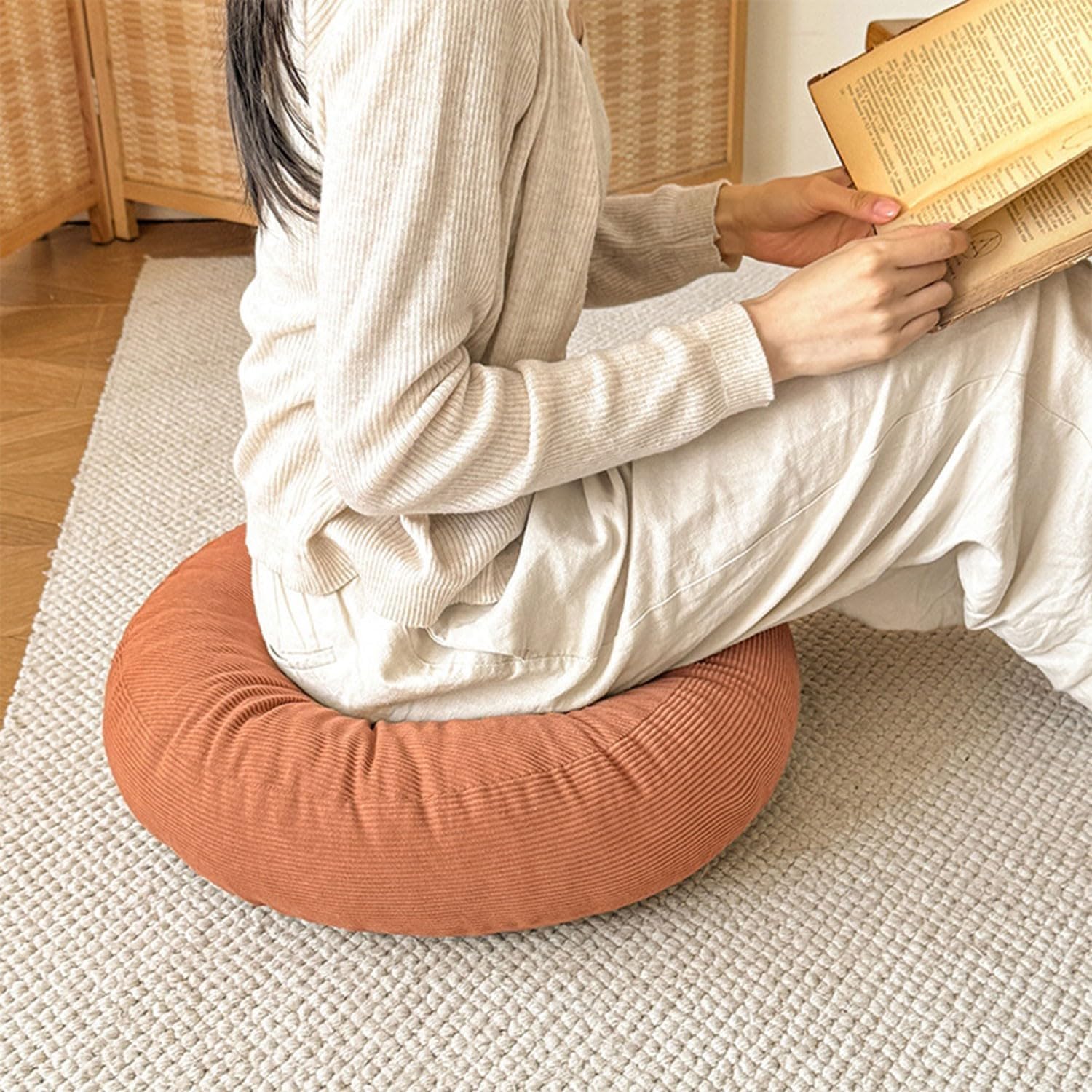 Bodenkissen aus Cord, rundes Bodenkissen, Meditationskissen für Erwachsene, Yogakissen, Sitzkissen, Sitzpouf mit hochwertigem Kordelbezug, Höhe 25 cm (Orange, 40 cm, 1 Stück) – Bild 5