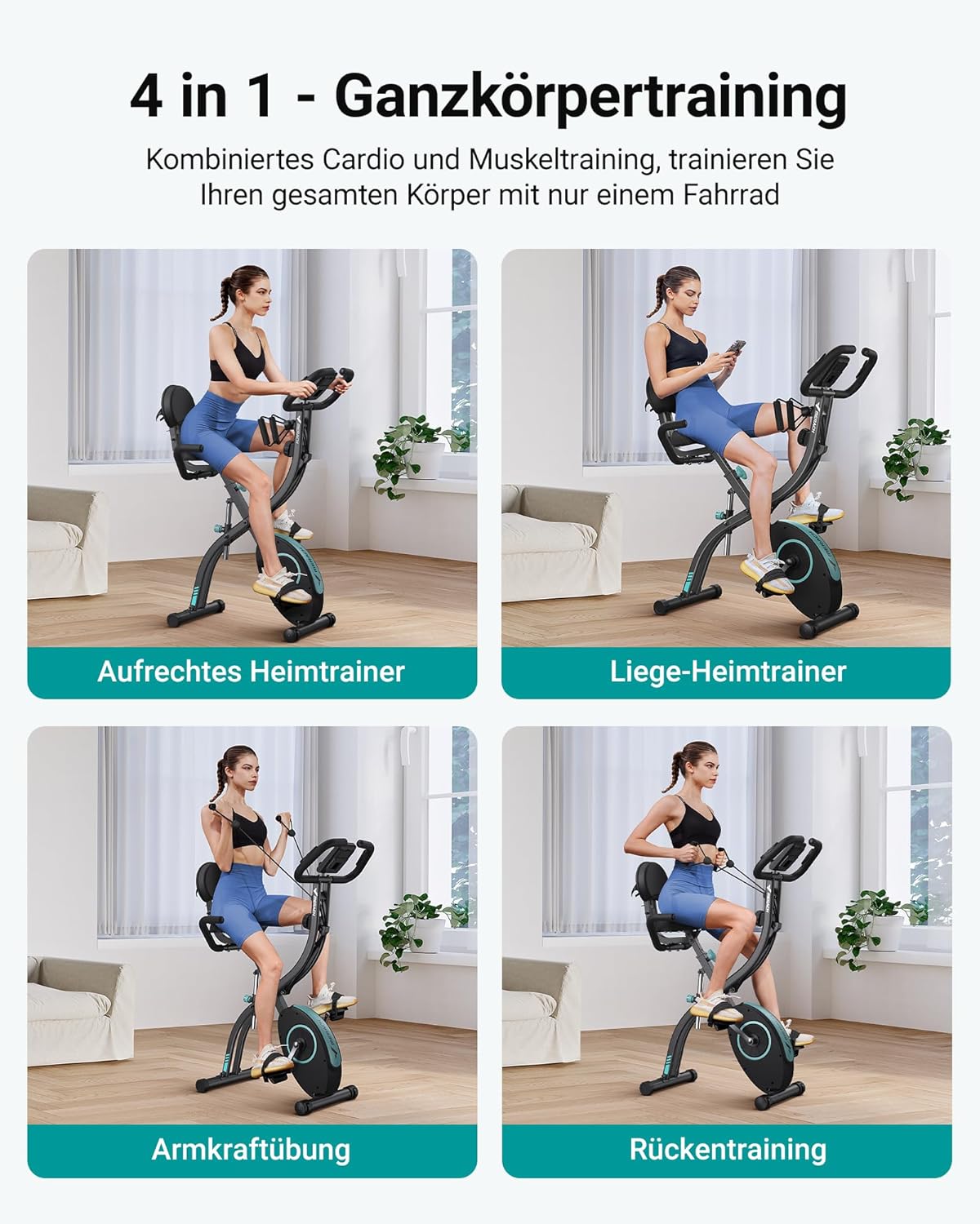 MERACH 4-in-1-Heimtrainer mit eigener Trainings-App, leises Heimtrainer-Fahrrad, 16-facher magnetischer Widerstand, LCD-Display, Handpulsmessung, faltbarer Heimtrainer, bequemer Sitz, Widerstandsband – Bild 3