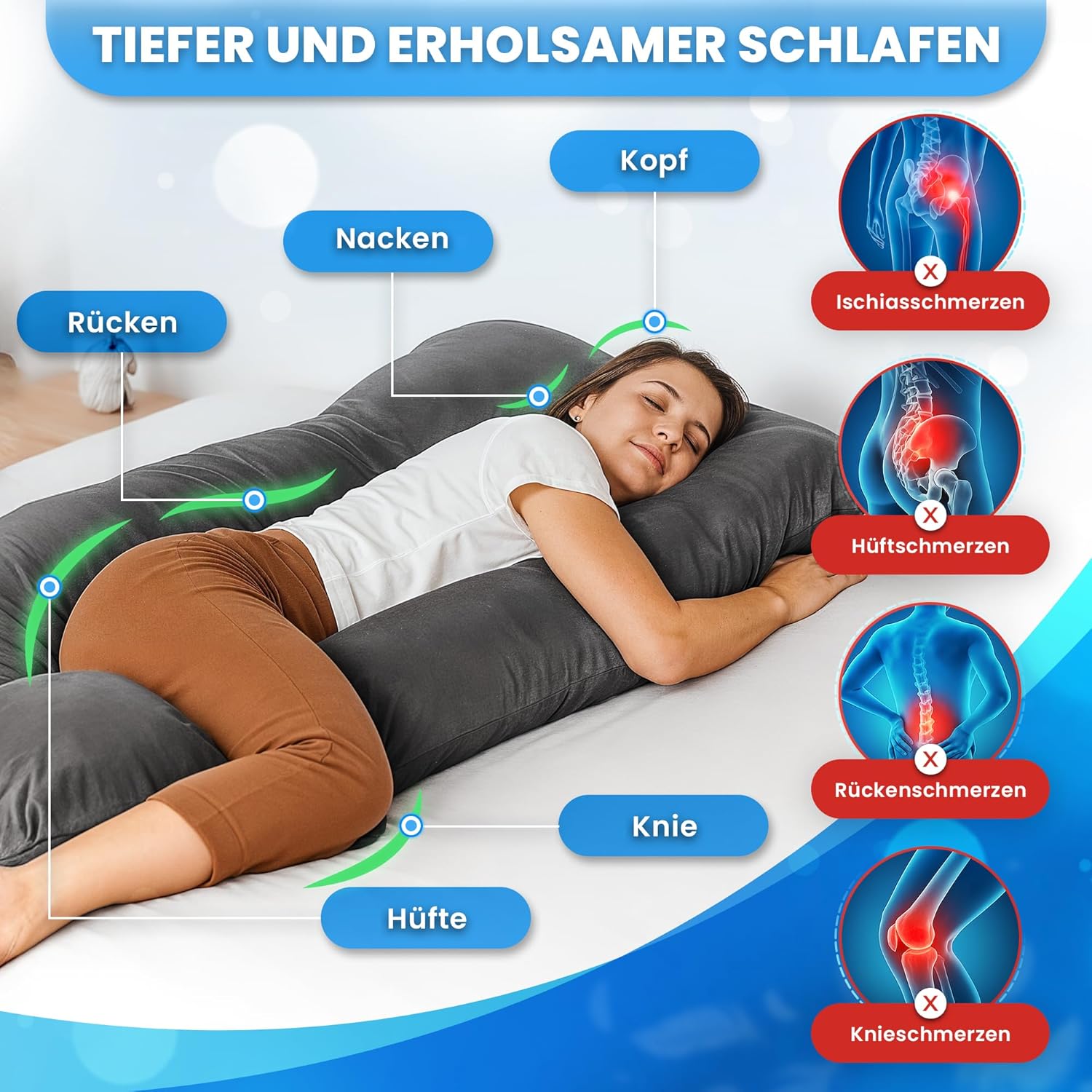 Generisch PillowDaddy Schlaftherapiekissen | Seitenschläferkissen mit Bezug für Ischias-, Hüft- und Rückenschmerzen | U-förmiges Ganzkörperkissen | Schwangerschaftskissen | Stillkissen XXL – Bild 2