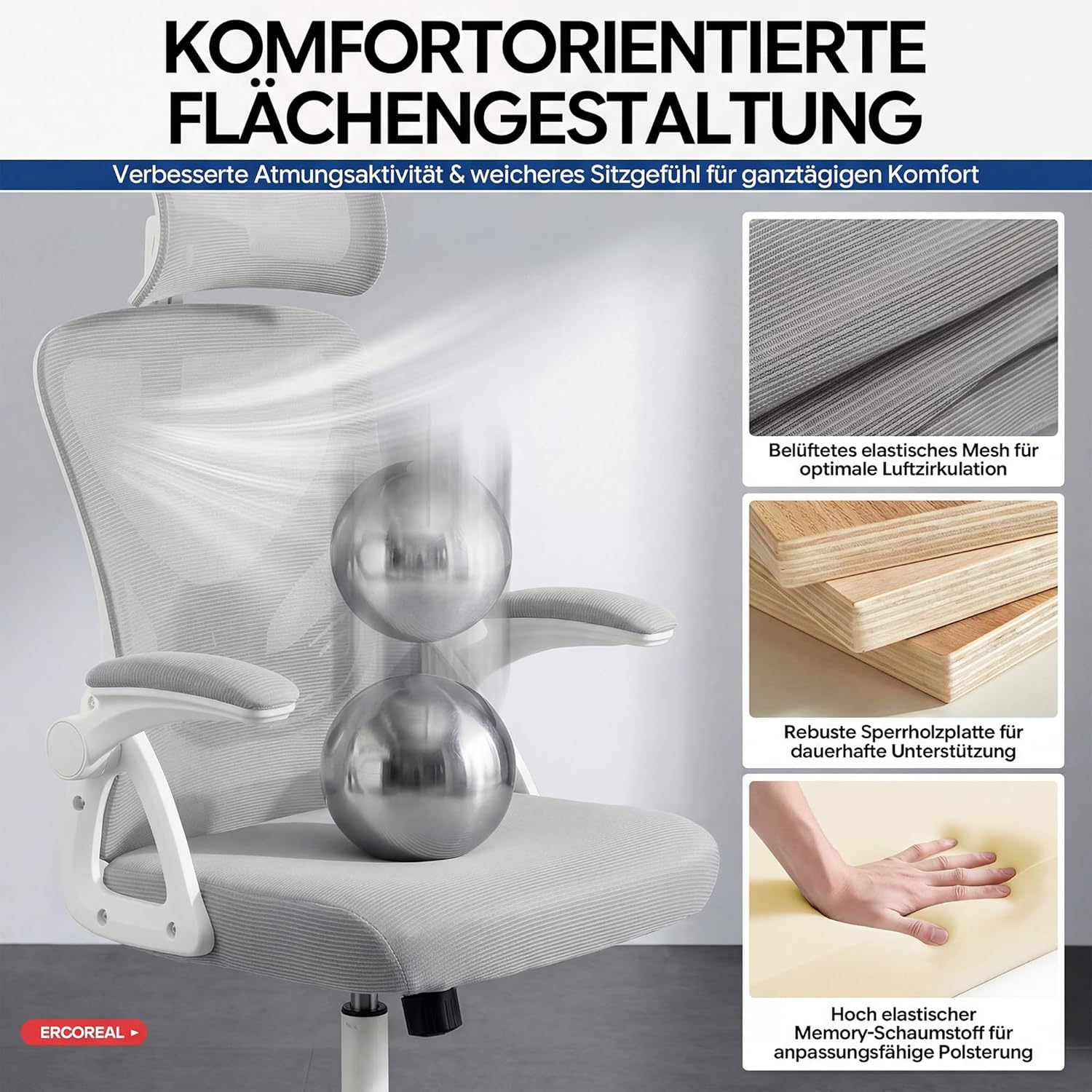Ergonomischer Netz-Bürostuhl für das Heimbüro, mit verstellbarer Lordosenstütze & 2D-Kopfstütze, klappbaren Armlehnen, leisen PU-Rädern, stabiler Gasfeder Klasse 3, bis 150 kg (Grauweiß) – Bild 6