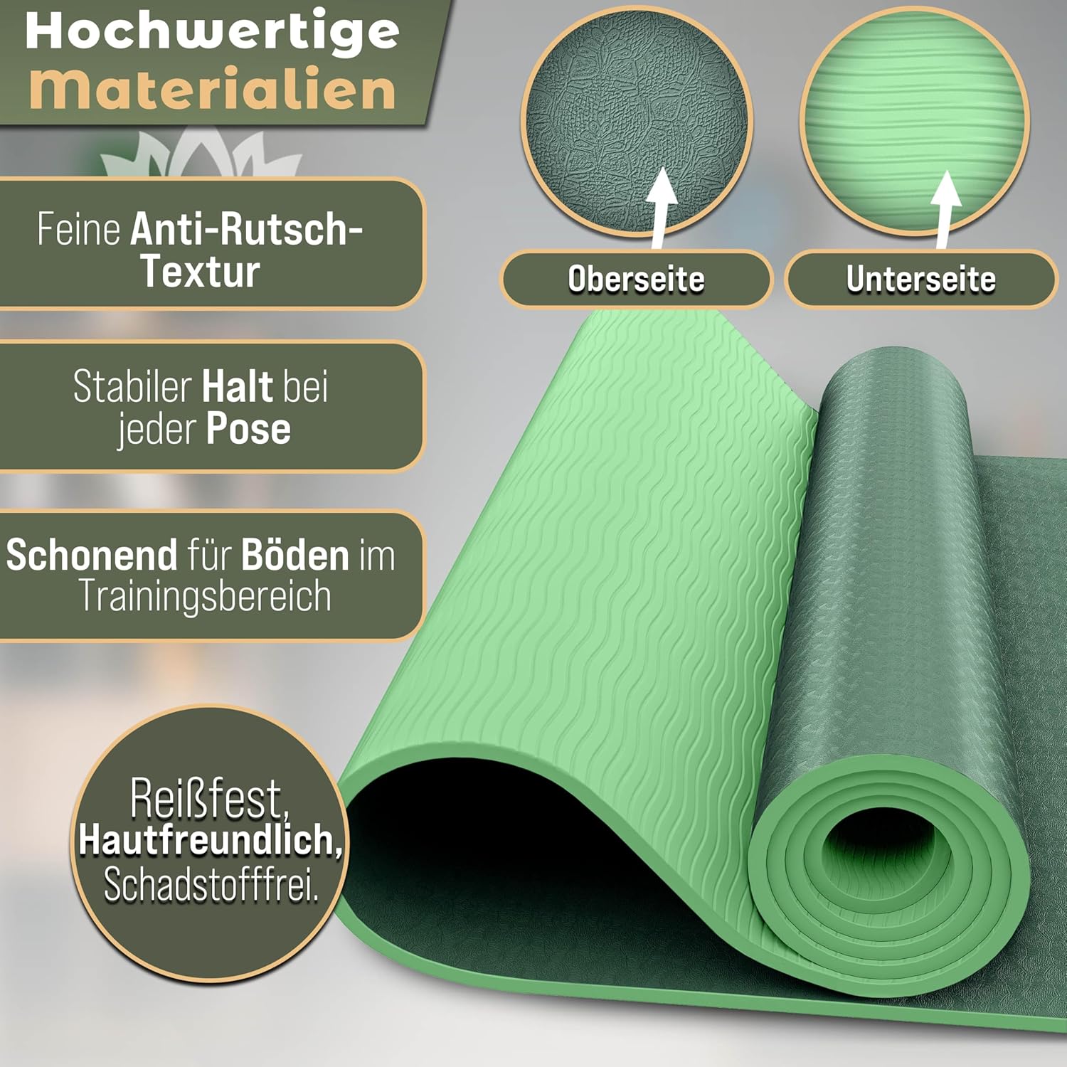 RE:SPORT Yogamatte, Phthalatfrei, Gymnastikmatte, rutschfest, Fitnessmatte, schadstofffrei, Trainingsmatte mit Tragegurt, 183 x 61 x 0,6 cm – Bild 7