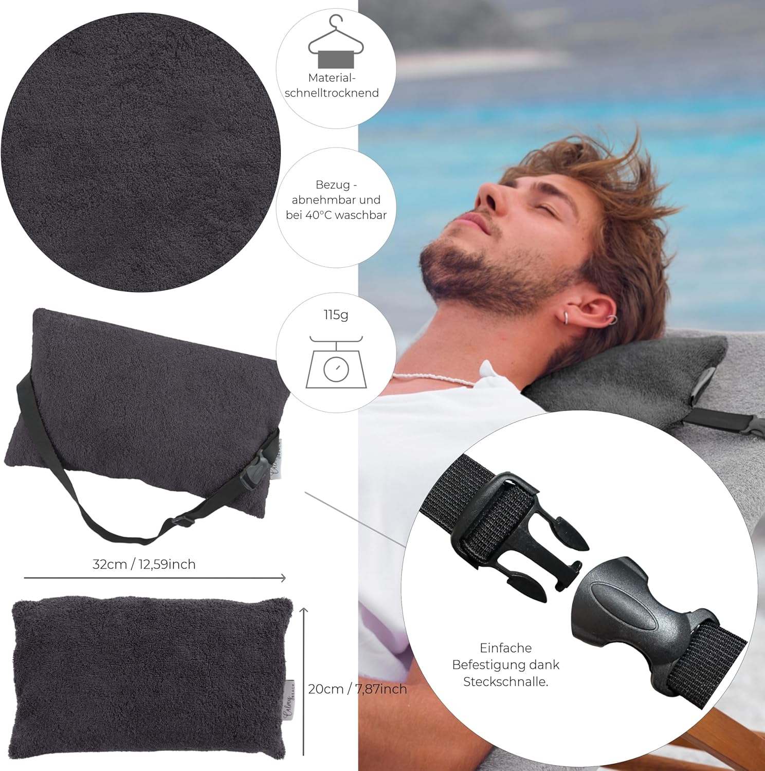 Strandkissen gefüllt mit Befestigungsgurt – verstellbares Reisekissen Nackenkissen für Sonnenliege 32 x 20 cm – Campingkissen Frottee-Bezug 100 % Baumwolle (Anthrazit) – Bild 5