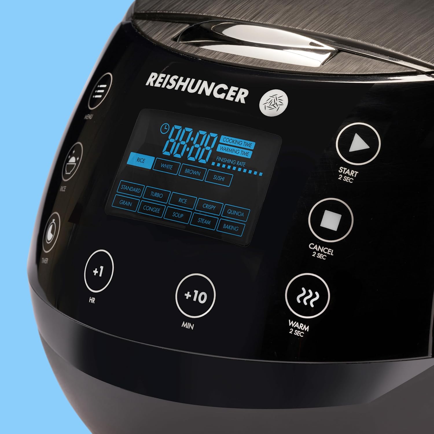REISHUNGER Digitaler Reiskocher und Dampfgarer Schwarz | 1,5 Liter für 8 Personen | Warmhaltefunktion, Timer und Premium-Innentopf | Multikocher, 12 Programme, 7-Phasen-Technologie – Bild 8