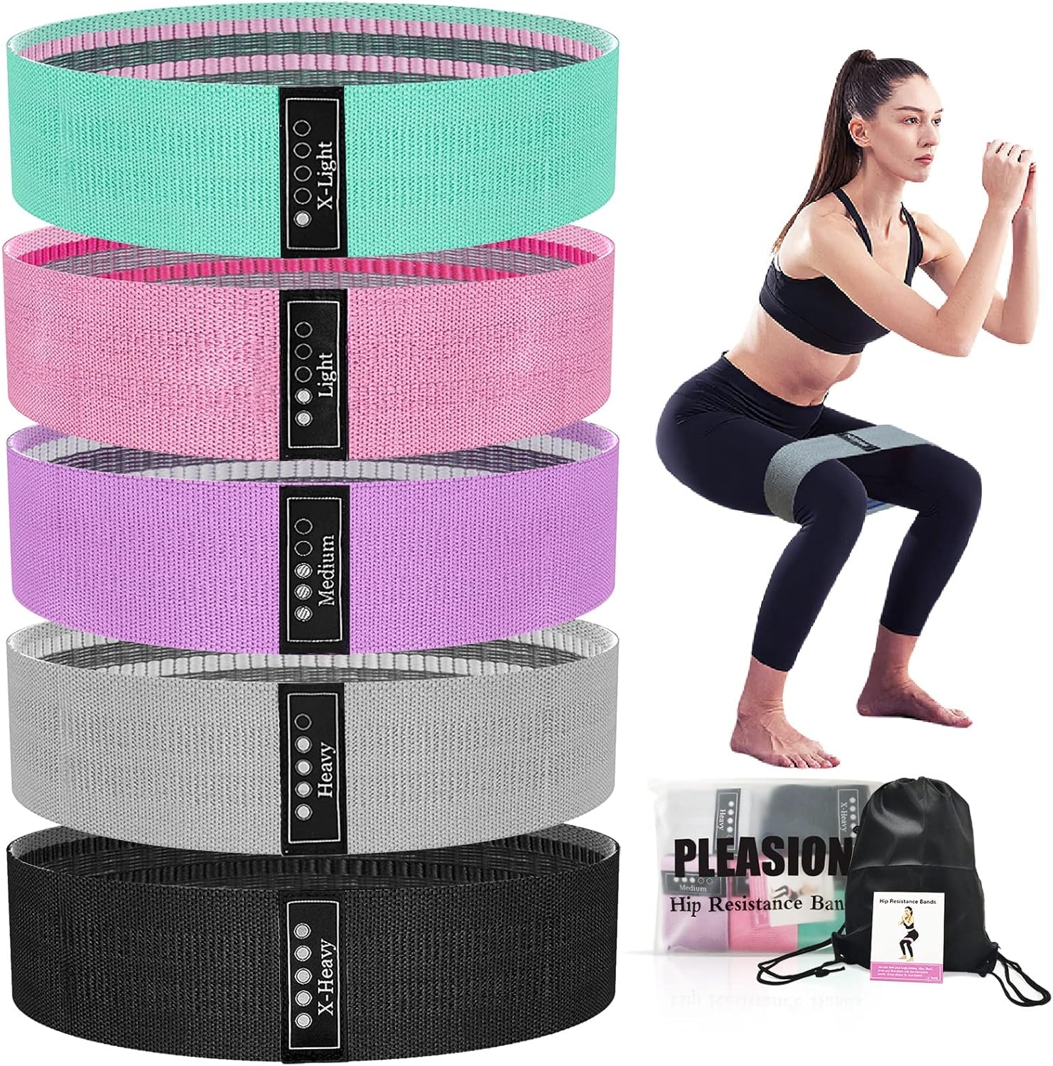 PLEASION Widerstandsbänder, Fitnessbänder, Stoffbänder, 5er-Set, Widerstandsbänder für Krafttraining, Muskelaufbau, Hüftbeintraining, Gymnastikband für Workout, Yoga, Pilates – Bild 4