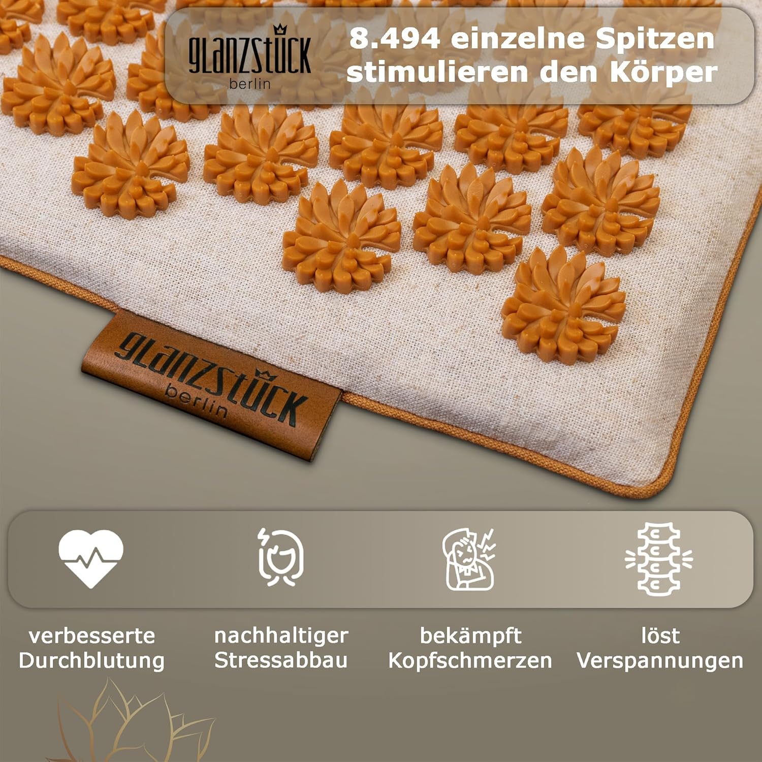 Glanzstück Berlin® Health Collection: Intense XL Akupressurmatten-Set, Leinen, hilft bei Verspannungen, Rückenschmerzen, Massagematte mit Kissen (Wärmefunktion) und Tasche, nachhaltig – Bild 6