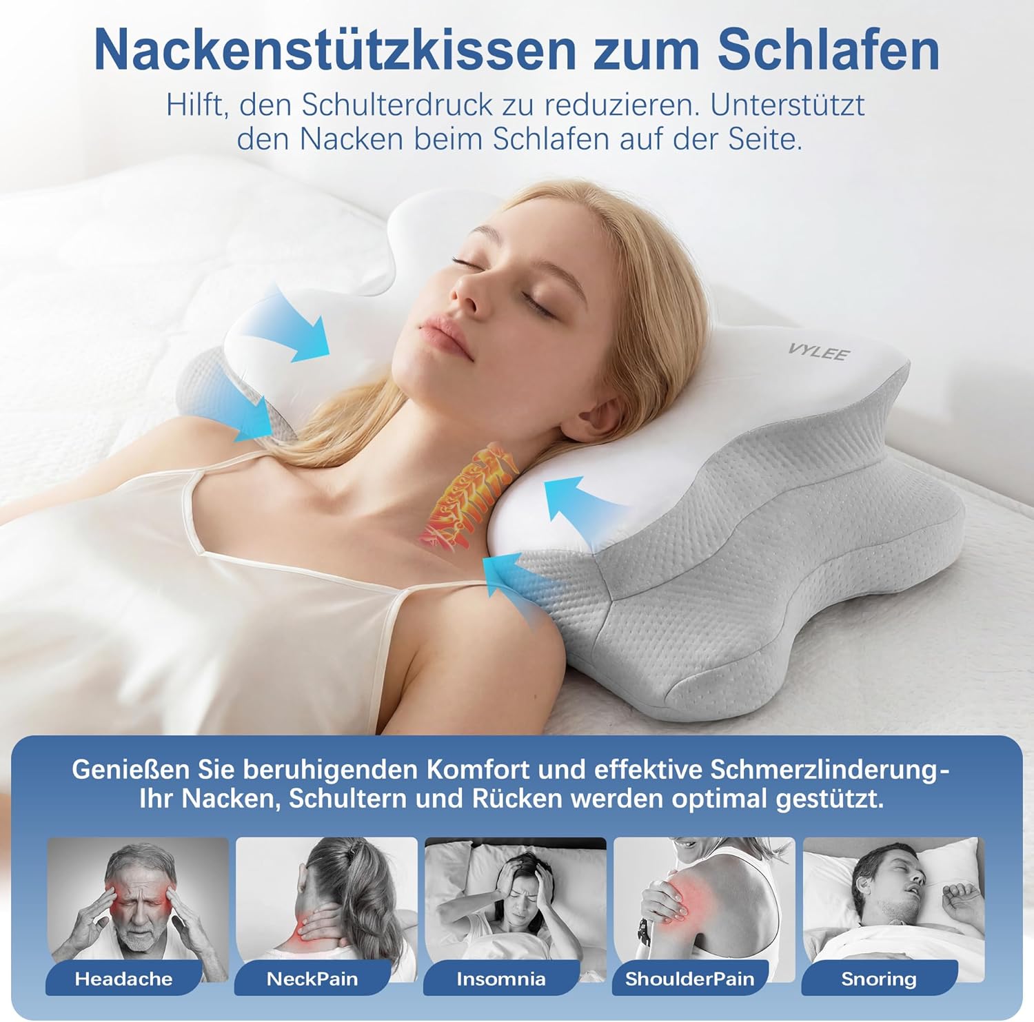VYLEE Ergonomisches Memory-Schaum-Kissen zur Linderung von Nackenschmerzen, kühlende Unterstützung für Seiten und Rücken, Bettkissen mit atmungsaktivem Bezug, Nackenstütze (grau) – Bild 3