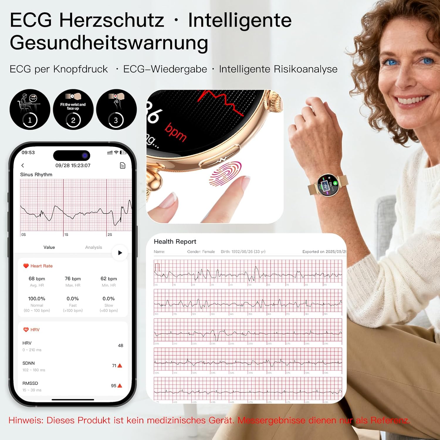 2026 Damen-Smartwatch mit EKG/Blutdruck/B, 1,32 Zoll AOD-Gesundheitsuhr, AI-Zifferblatt und AI Smart Q&A, Bluetooth-Anrufe/Spо₂/Aρnοe/Schlaf/Puls/HRV/BMI/Stress, 100+ Sportmodi, kleine runde Fitnessuhr – Bild 3