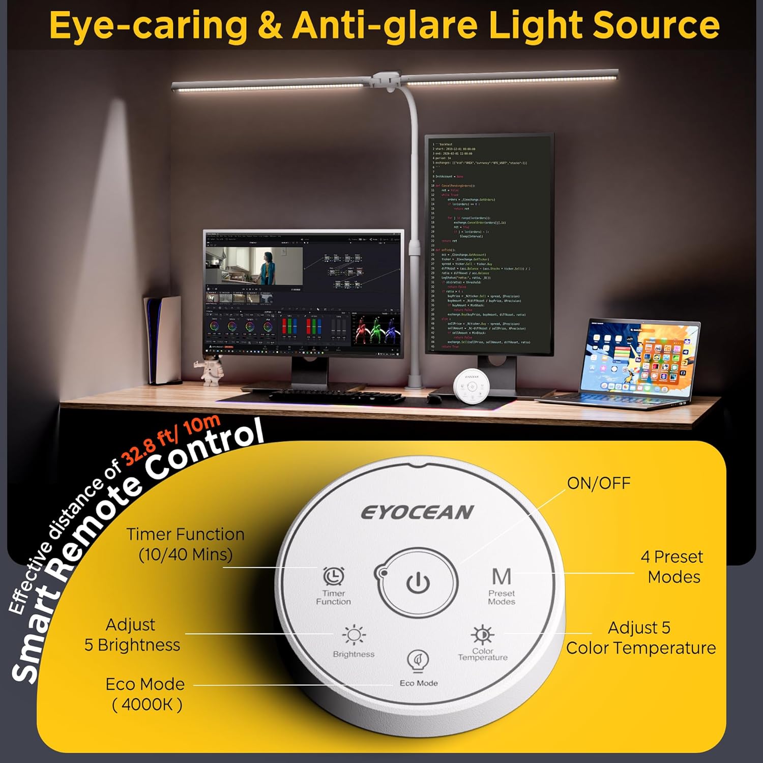 EYOCEAN Schreibtischlampe, Doppelkopf-Schreibtischlampe, Teleskopstange mit verstellbarer Höhe, 30 W 120 cm Tageslichtlampe Schreibtisch mit Fernbedienung, dimmbare Monitorlampe, Bürotischlampe – Bild 4