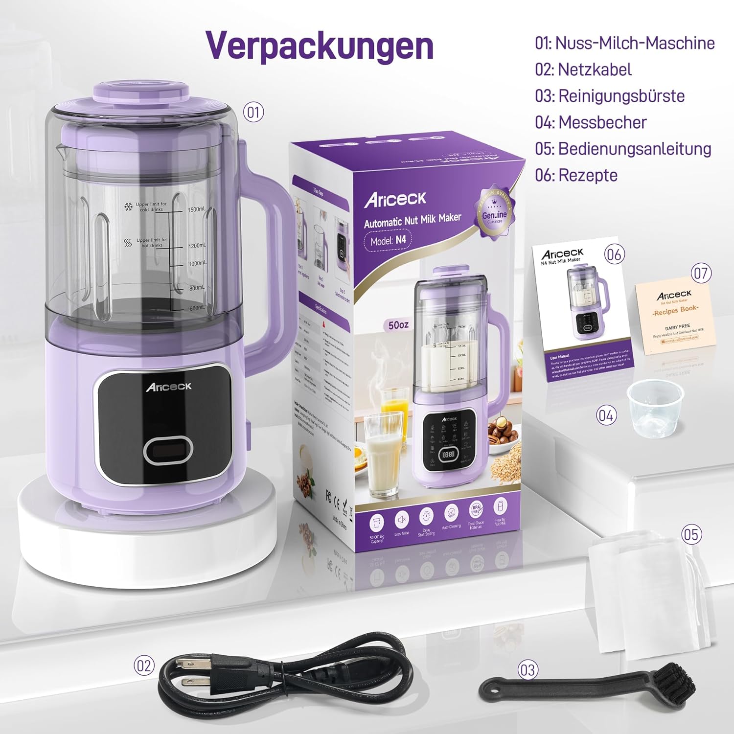 N4 Professioneller Nussmilchbereiter mit Selbstreinigungsfunktion – Ideal für Mandelmilch, Sojamilch und Smoothies – 800-W-Hochleistungsmotor – Rezeptbuch im Lieferumfang enthalten – BPA-freie Pflanzenmilch – Bild 7