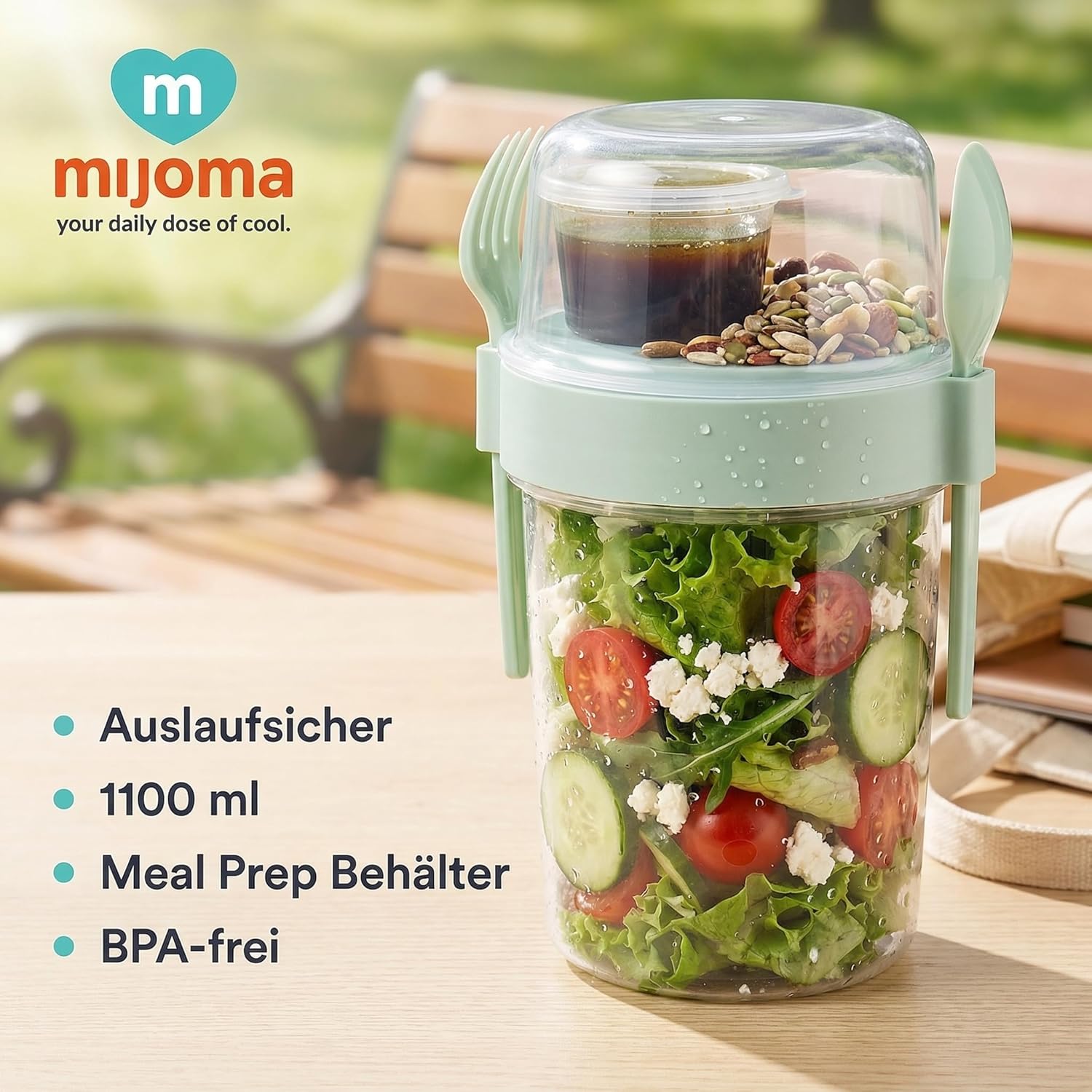 MIJOMA Salat-To-Go-Becher mit Besteck 1100 ml, auslaufsicher, BPA-frei – Meal-Prep-Behälter mit extra Fach für Dressing & Toppings – Salatbox für Reisen & Büro (Mintgrün) – Bild 5