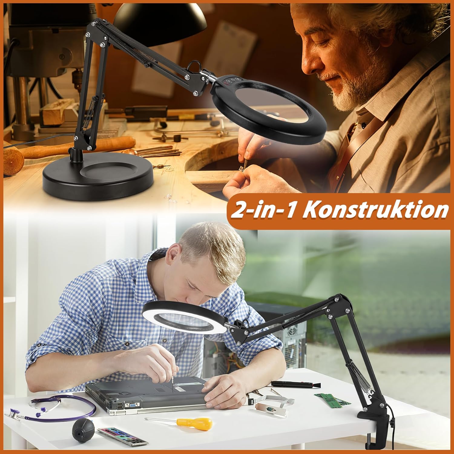 Veemagni 10-fache Lupe mit Licht, 5 Farbmodi, stufenlos dimmbar, 2-in-1-Schreibtischlampe und Klemme, LED-beleuchtete Lupe mit Licht und Ständer, freihändig für Handwerk, Hobby, Malen, Abschlussarbeiten – Bild 6