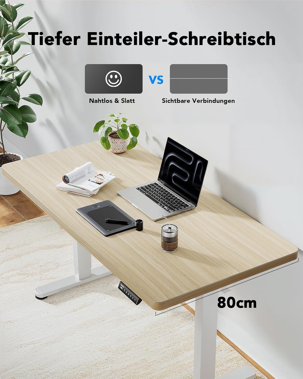HUANUO Höhenverstellbarer Schreibtisch, 120 x 80 cm, 25 mm, ganze Tischplatte mit bürstenlosem Motor, ergonomischer Schreibtisch, höhenverstellbar, einfache Montage, elektrischer Stehschreibtisch für das Heimbüro – Bild 2