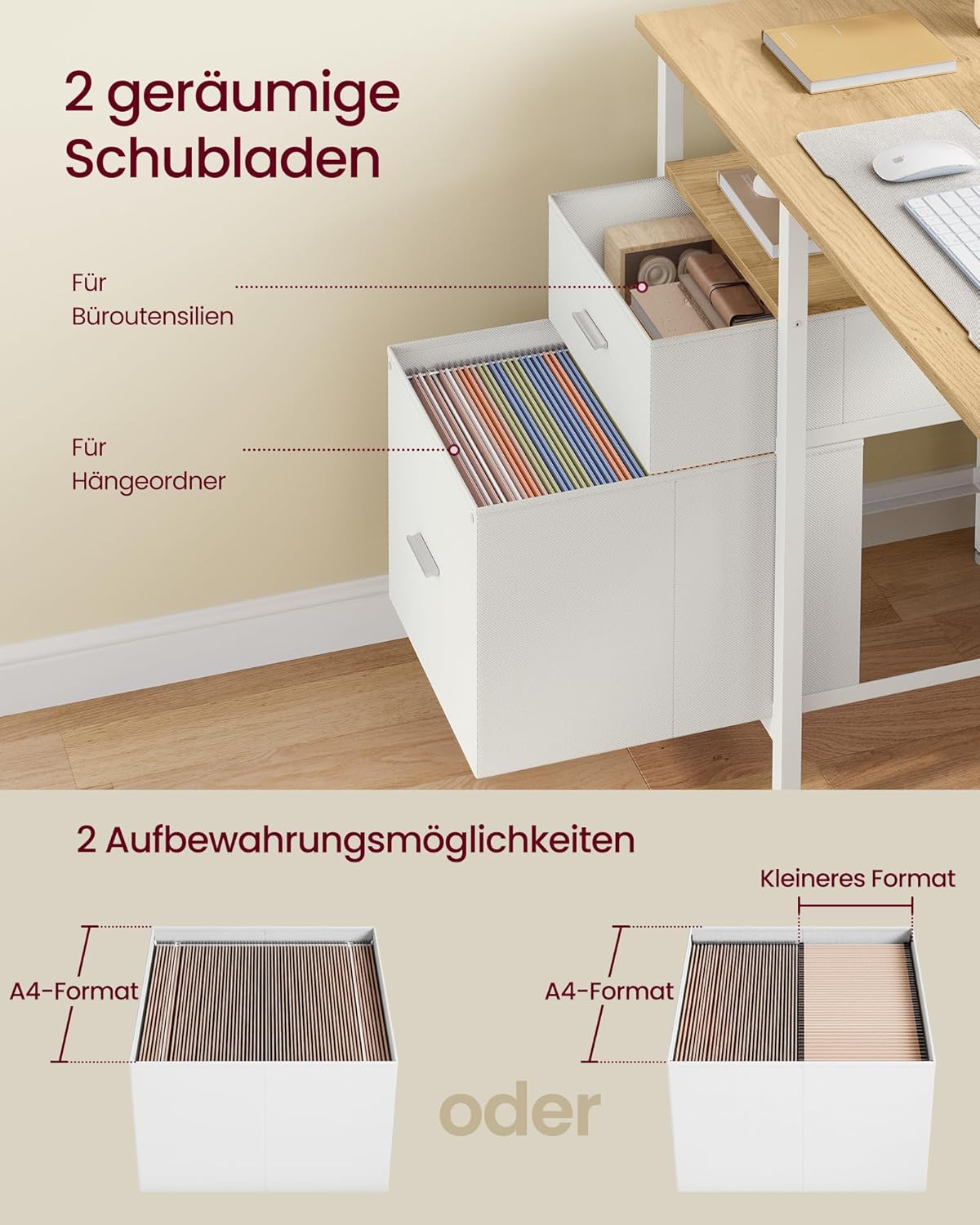 VASAGLE Computertisch, Bürotisch, Schreibtisch mit 3 Ablagen, 2 Schubladen, 127 x 50 x 76 cm, Büro, Wohnzimmer, moderner Stil, natürliche Eiche, mattweiß, LWD103YD01 – Bild 4