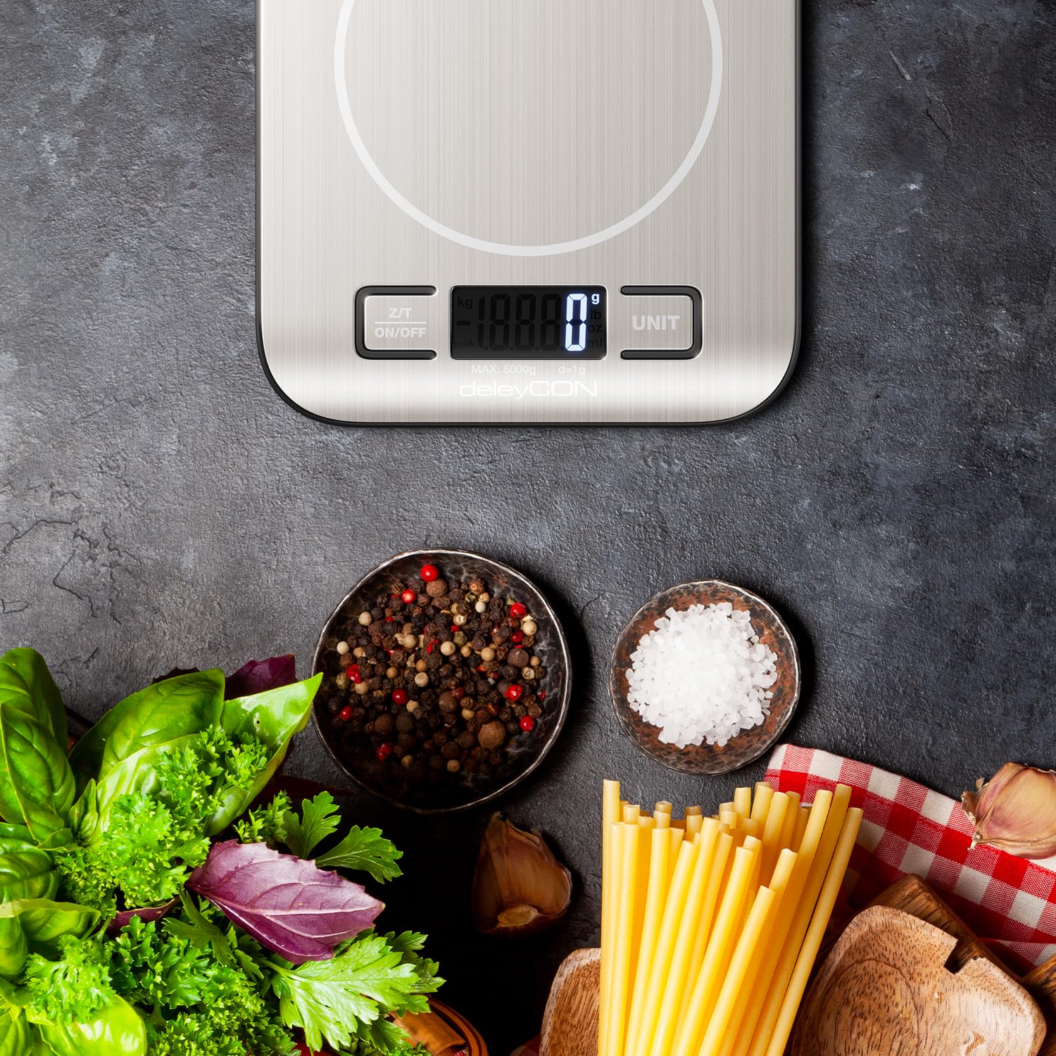 deleyCON Digitale Küchenwaage, LCD-Display, Tarafunktion (mit Batterien) bis 5 kg, Digitalwaage, Buchstabenwaage, genau auf 1 g, Backen, Kochen, Messen von Zutaten, Diät, Fitness, Schmuck, klein und flach, Silber – Bild 5