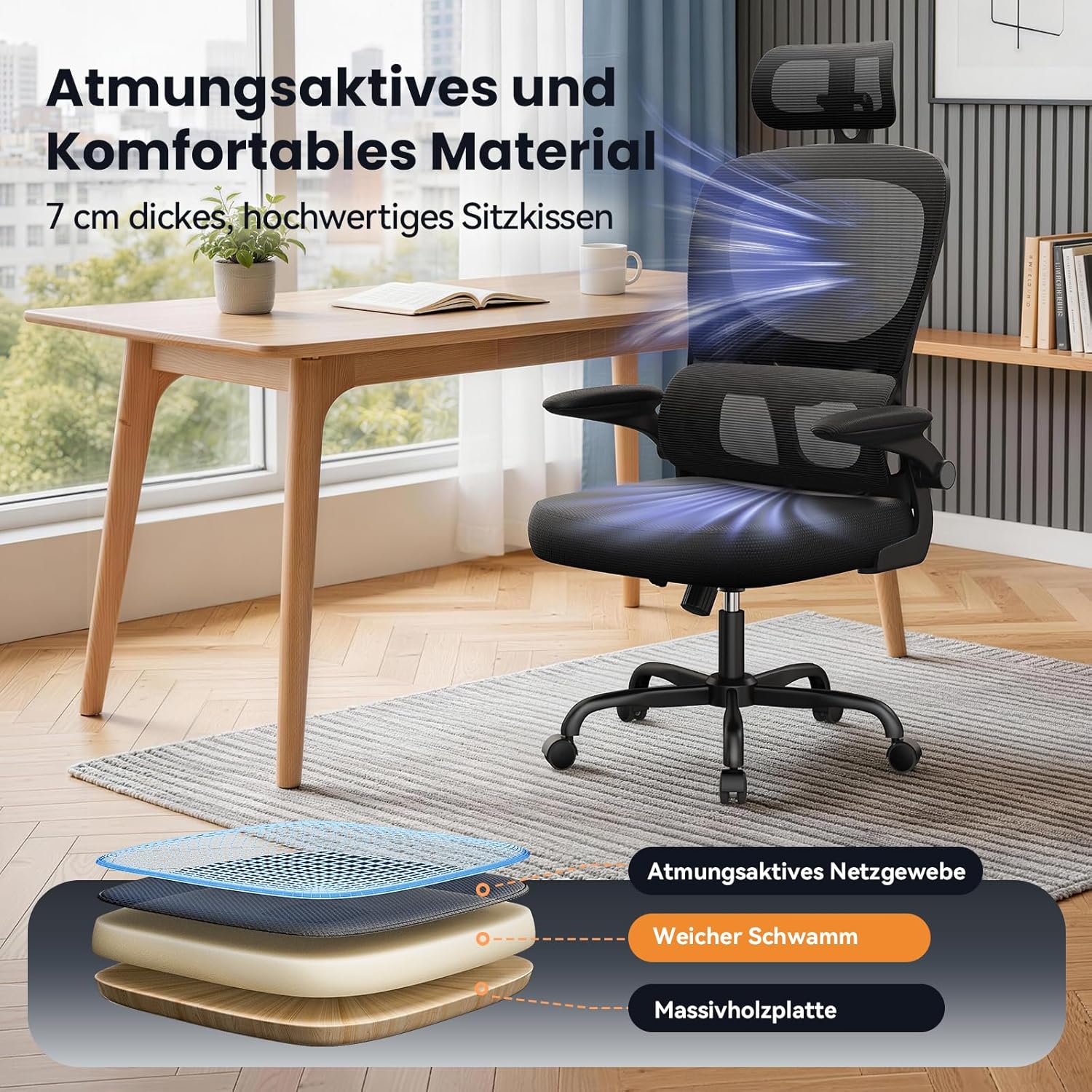 rattantree Ergonomischer Bürostuhl, Schreibtischstuhl mit verstellbarer Kopfstütze und Armlehnen, C-förmige Lordosenstütze, Drehstuhl mit Rollen für das Heimbüro, Schwarz – Bild 5