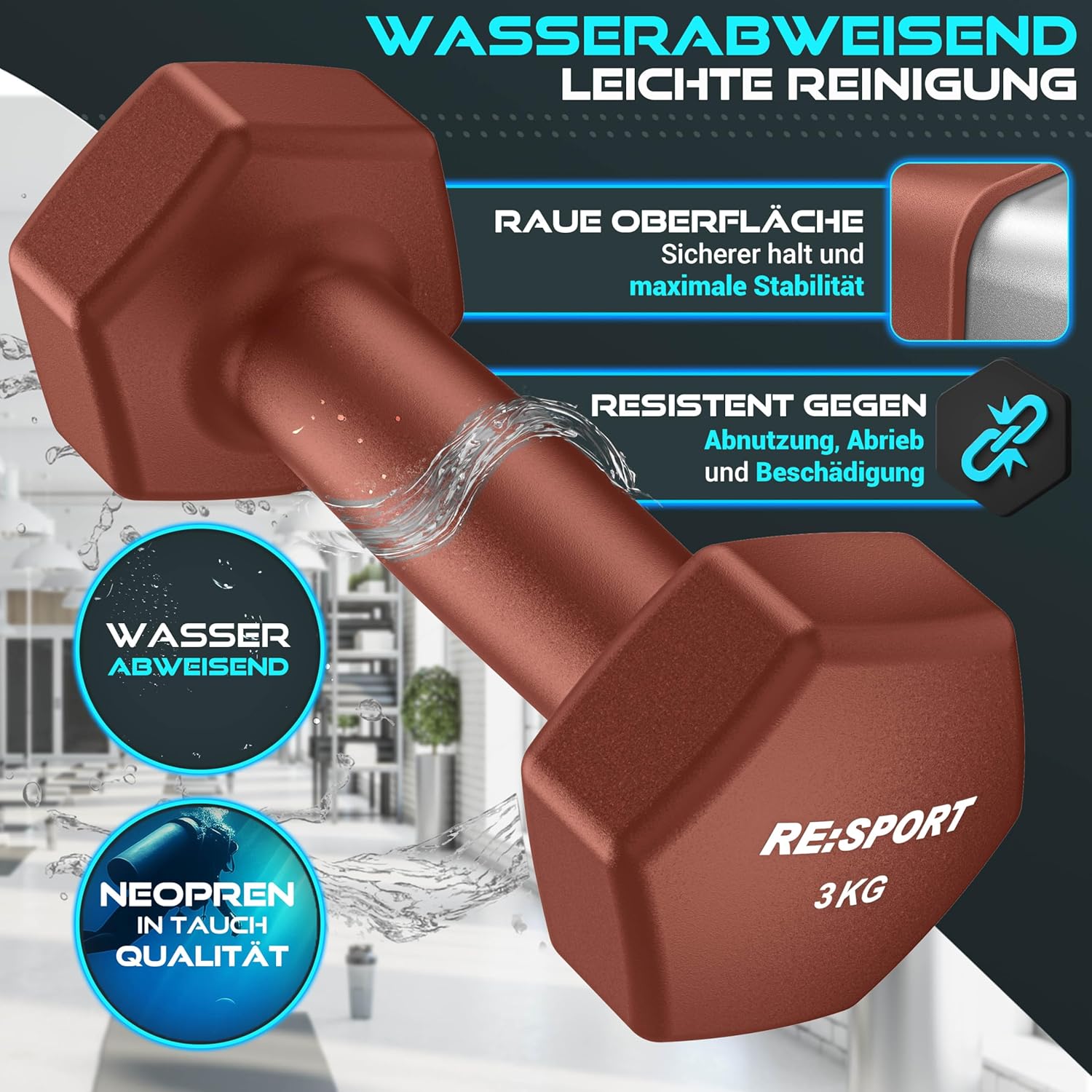 RE:SPORT Kurzhantel-Set 3 Paar, 1 kg – 5 kg, 12 kg oder 18 kg mit Ständer und 3 x Fitnessbändern, rutschfeste Neopren-Hanteln für Damen und Herren, Kurzhantel-Set – Bild 5