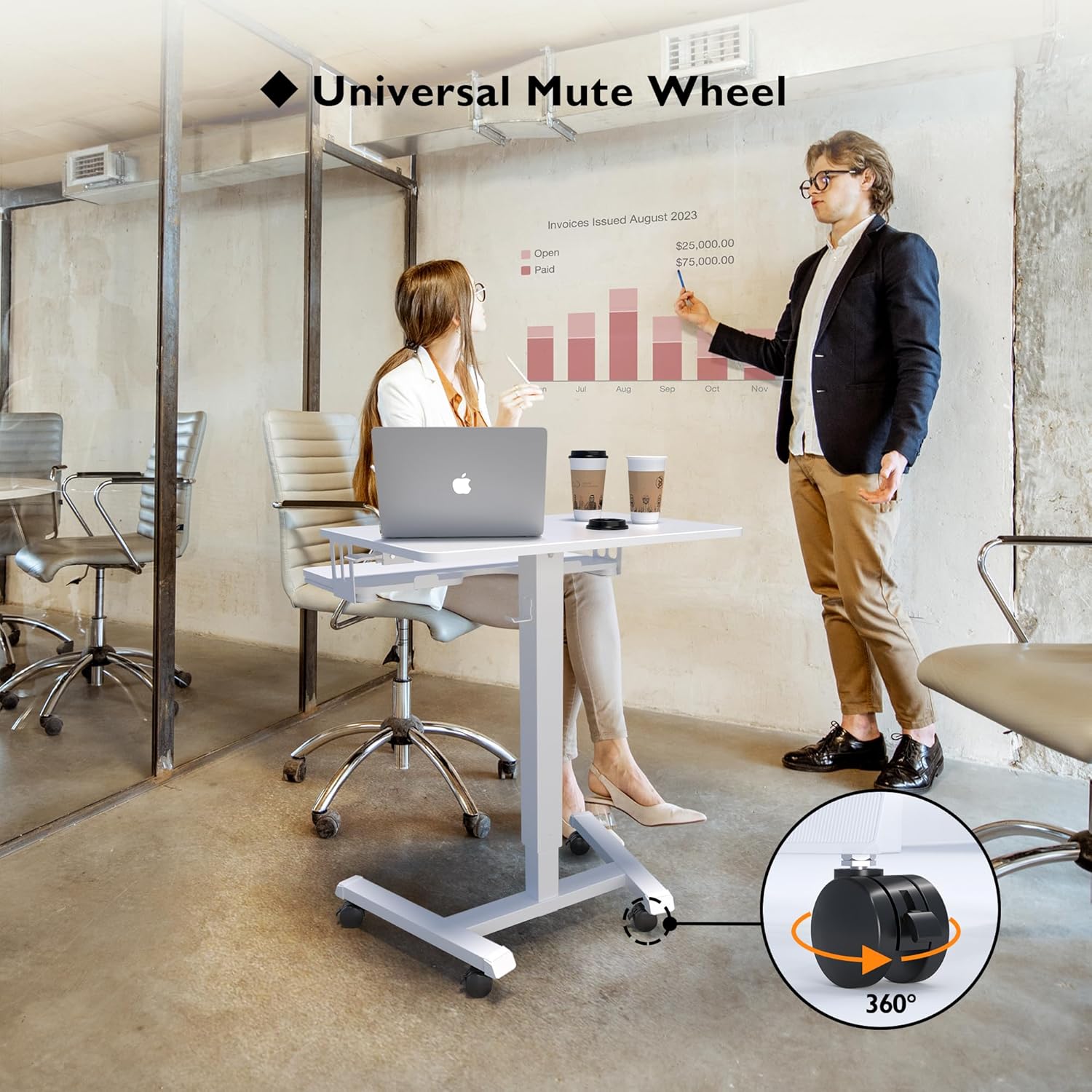 BONTEC Schreibtisch höhenverstellbar mit Tastaturablage, mobiles Podium, Computerarbeitsplatz bis 15 kg, Laptopsitz oder Stehpult auf Rollen, höhenverstellbarer Stehschreibtisch, weiß – Bild 7