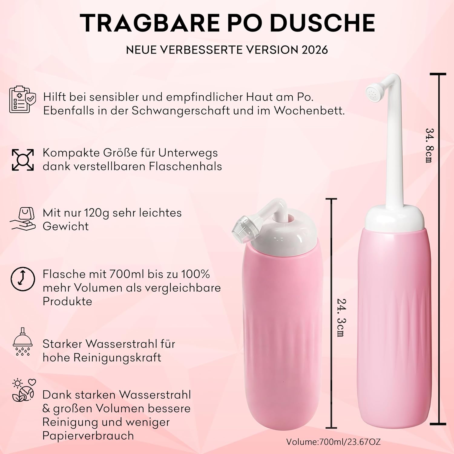 Faltbare Po-Dusche 700 ml (XXL-Version) für Männer und Frauen – Tragbare Intimdusche mit 9 Löchern für stärkeren Wasserstrahl – Tragbares Bidet für Reisen und Wochenbett – Bild 3