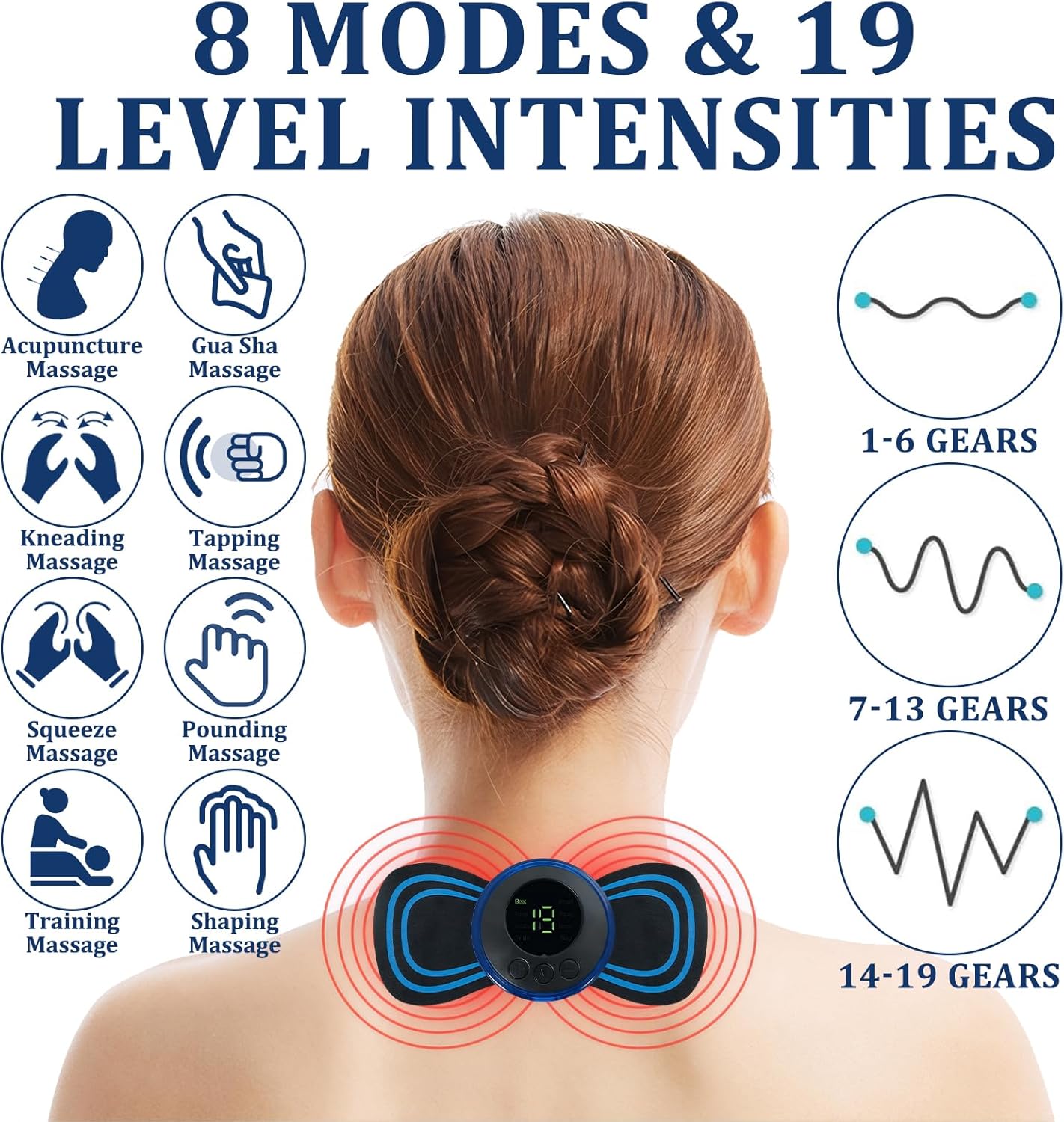 Elektrisches Nackenmassagegerät, tragbares Nackenmassagegerät, 8 Geschwindigkeiten und 19 Modi, USB-Mini-Massagegerät, Ems-Massagegerät mit Digitalanzeige und Fernbedienung, für Arme/Schultern/Nacken/Rücken/Bauch – Bild 3