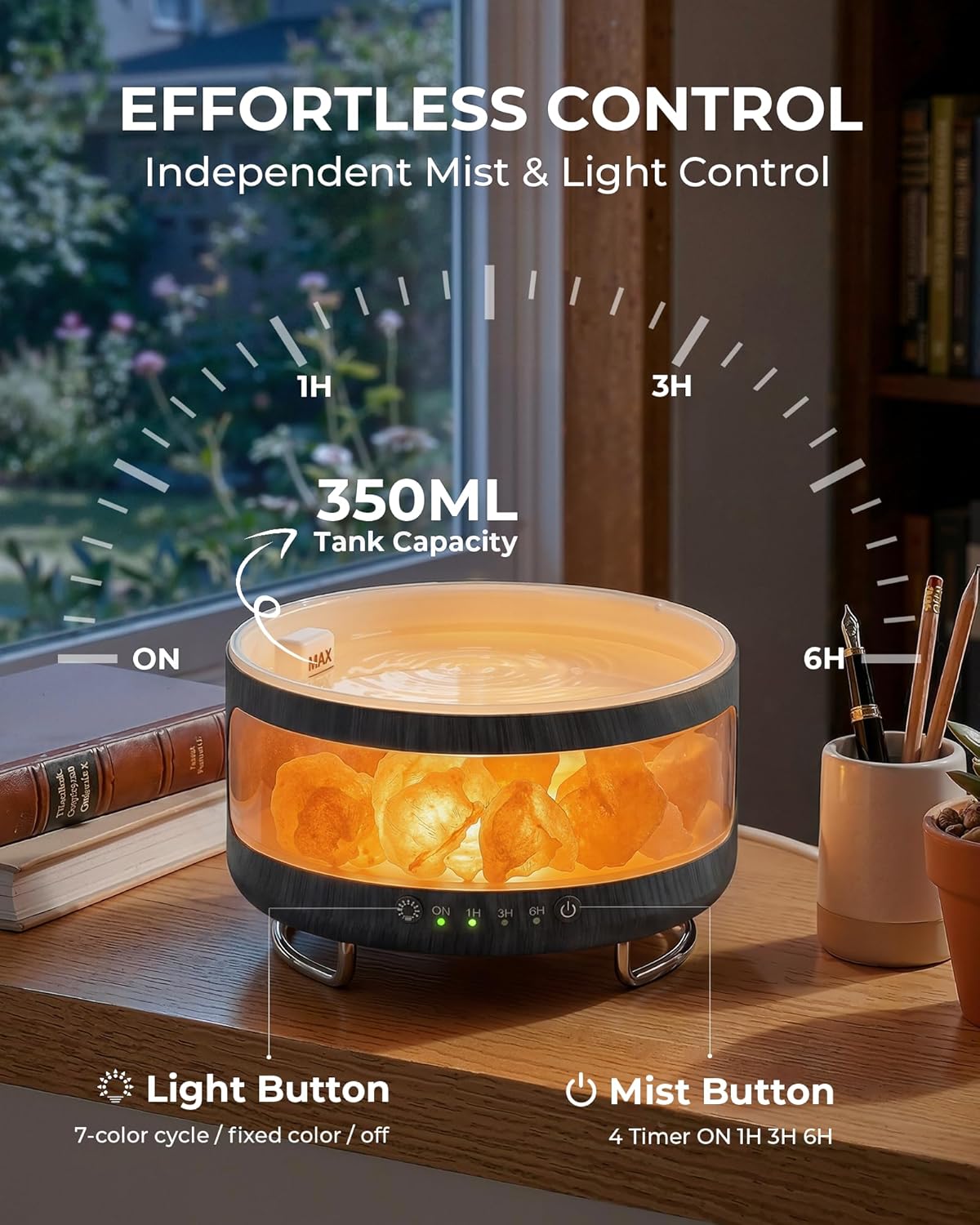 2-in-1-Aromadiffusor & Salzkristalllampe – 300 ml Ultraschall-Duftdiffusor mit 7-Farben-LED-Licht, Timer, leise Luftbefeuchterfunktion für ätherische Luft, ideal für Schlafzimmer, Büro, schwarze Holzoptik – Bild 3