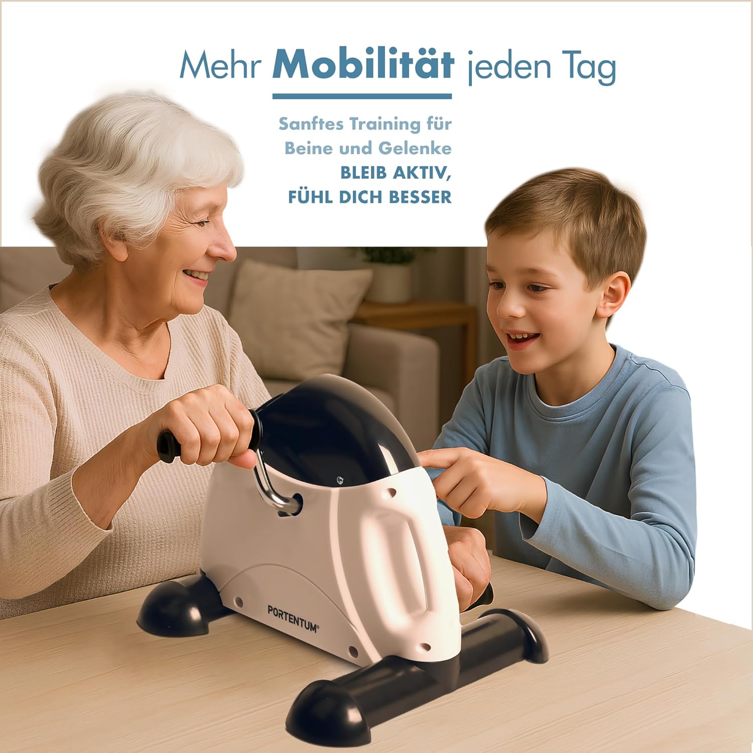 PORTENTUM Pedaltrainer für Senioren mit LCD-Display 6 Funktionen – Sitzender Beintrainer kompakt mit verstellbarem Widerstand und Tragegriff – tragbares Design als Mini-Heimtrainer für Zuhause – Bild 4