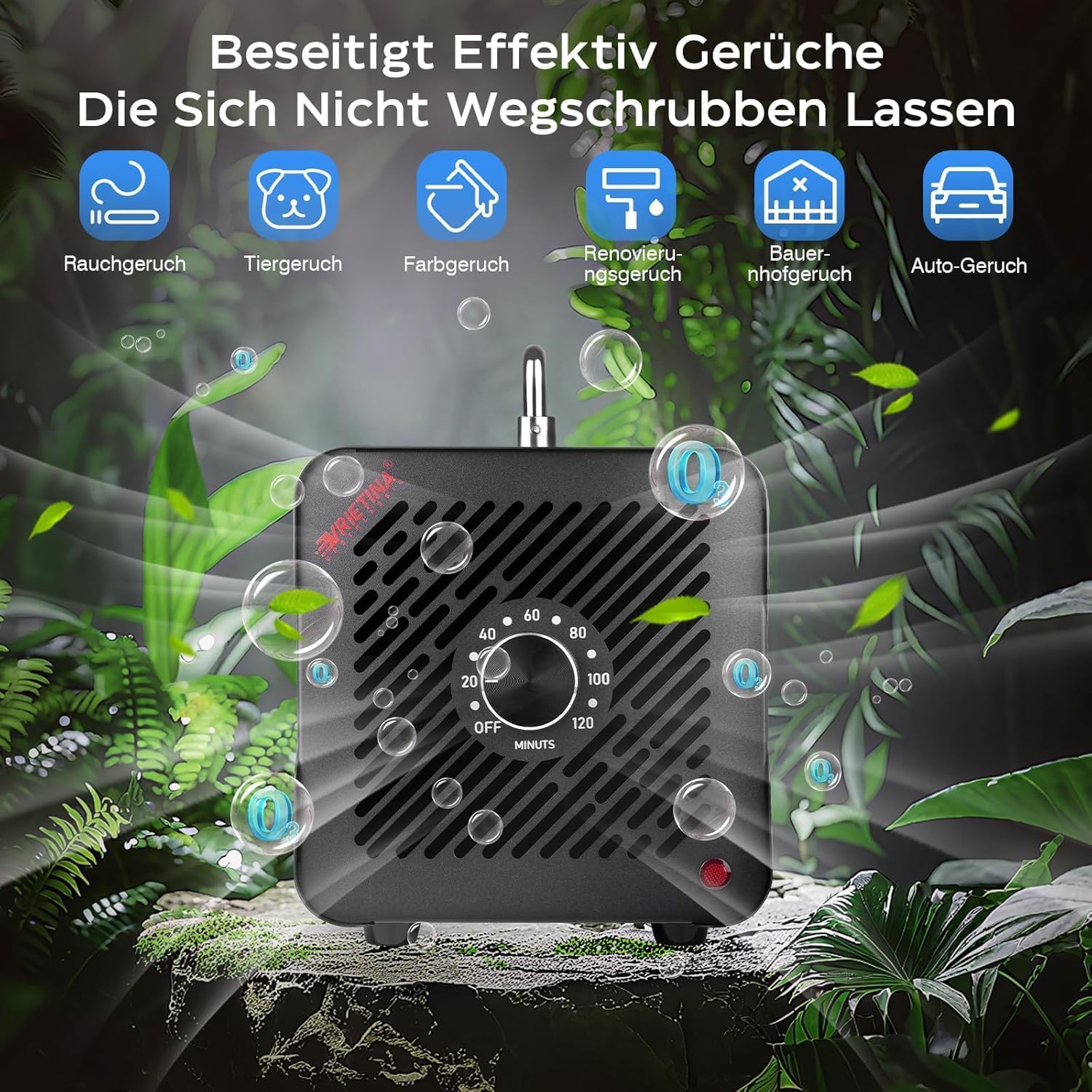 O3-Ozongenerator, 100.000 mg/h, industrielles Ozongerät mit 120-Minuten-Timer, 35-dB-Ozonisator, 150 W, Ozon-Luftreiniger bis zu 300 ㎡, Geruchsbeseitiger, Geruchsneutralisator für Auto-/Haus-/Rauch-/Haustier-/Küchengerüche – Bild 3