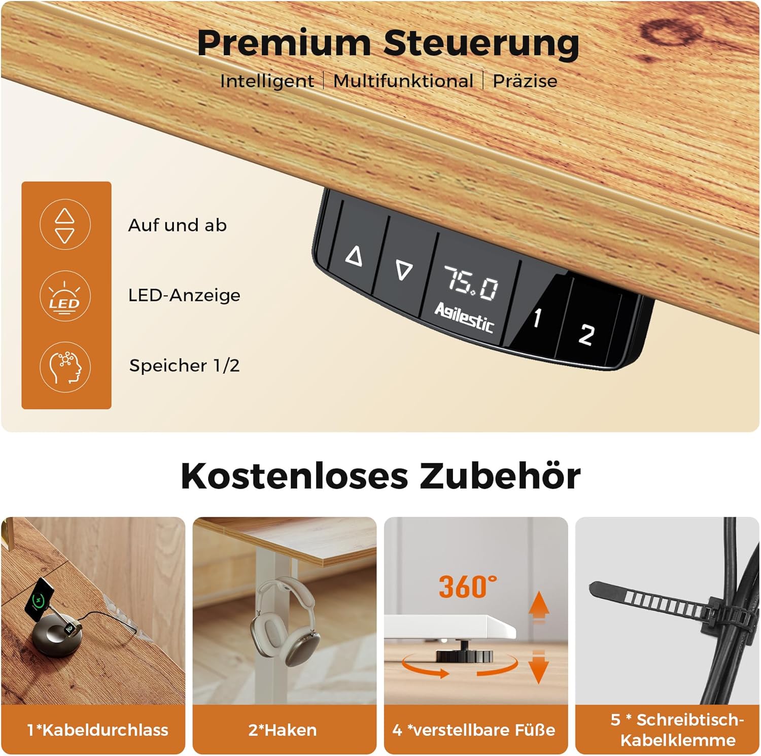 Agilestic Elektrischer Stehschreibtisch, L-förmiger 150 cm höhenverstellbarer Schreibtisch, Sitz- und Stehtisch für das Heimbüro, ergonomischer anhebbarer Computertisch mit Spleißbrett, Hellbraun – Bild 6