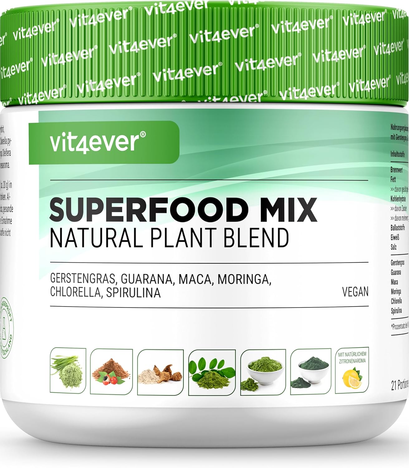 vit4ever Superfood Mix Pulver – 420 g mit 6 Superfoods (Gerstengras, Spirulina, Chlorella, Moringa, Maca & Guarana) – natürliches Zitronenaroma
