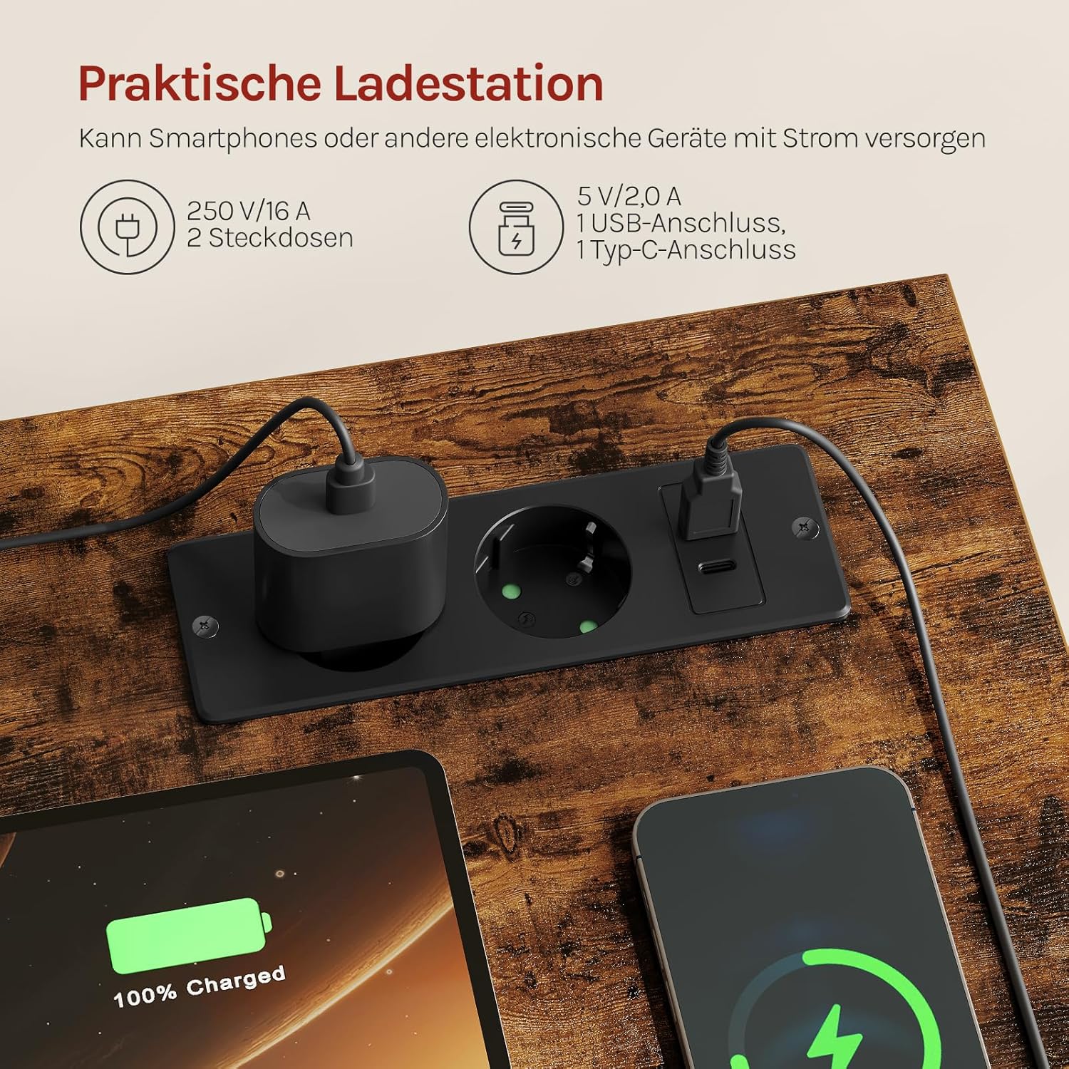 WOLTU Schreibtisch mit 2 Schubladen, 2 Steckdosen, USB- und Typ-C-Anschluss, Kopfhörerhaken und Ablagen – Computertisch für Büro und Wohnzimmer, 120 x 51 x 75 cm, Rustikales Braun – Bild 6