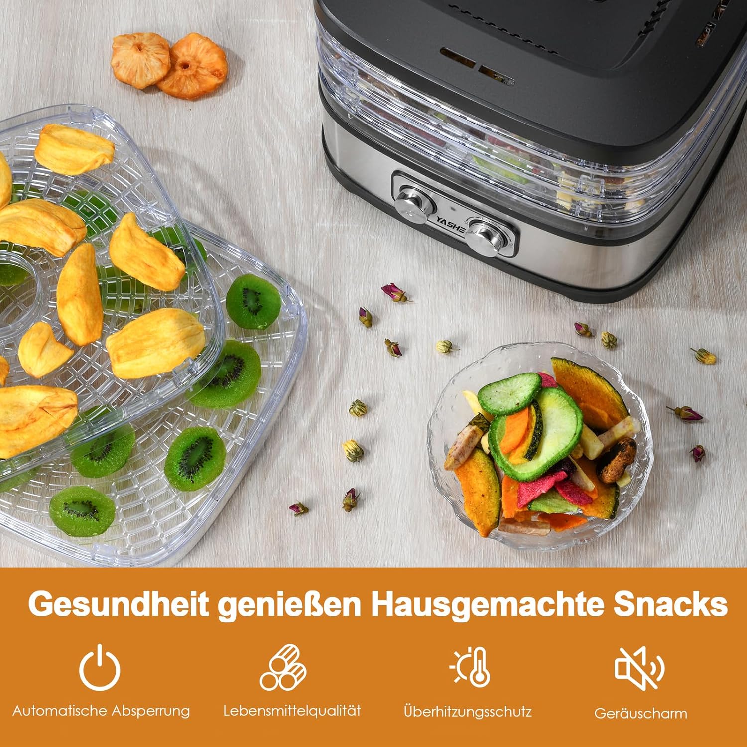 YASHE GGJ-261A Dörrgerät mit 5 höhenverstellbaren Tabletts, Temperaturregelung von 35–70 °C, 240 Watt Dörrgerät für Obst und Gemüse, BPA-frei, Silber, transparent, schwarz – Bild 7