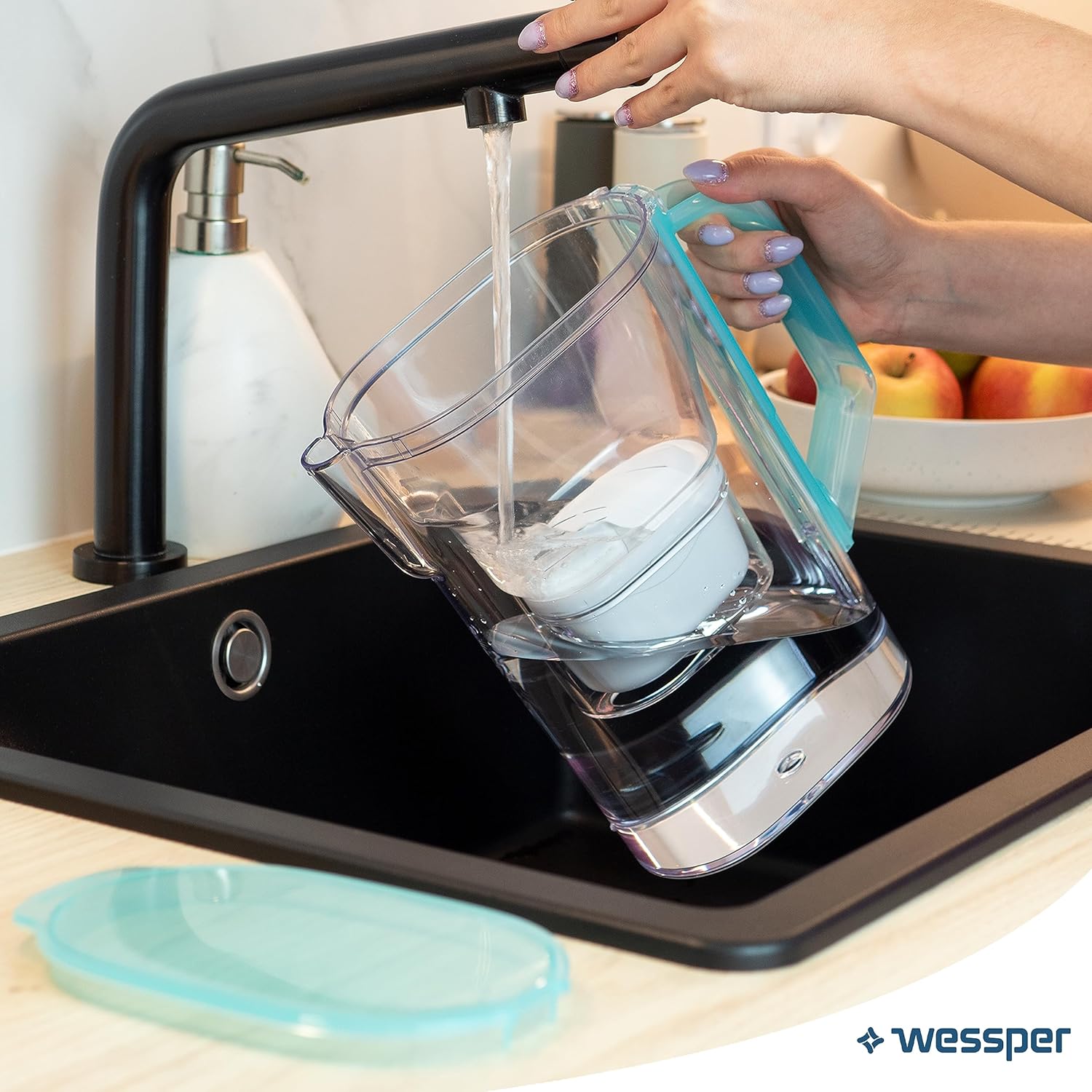 Wessper Wasserfilterkrug 2,7 L für Kühlschranktür, Wasserkaraffe mit Aktivkohlefilter, Wasserkrug kompatibel mit Brita Maxtra Filterkartusche – Mint – Bild 7