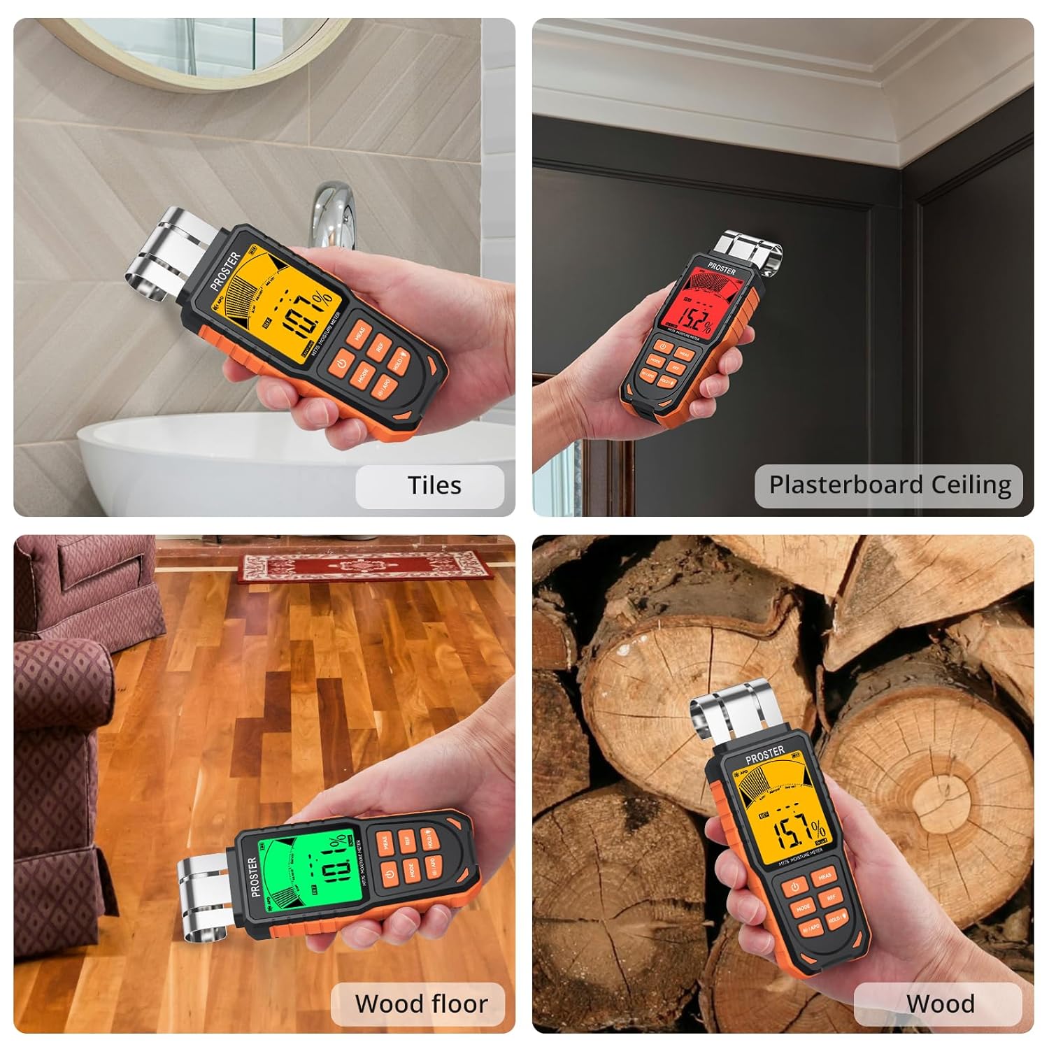 Proster Stiftloser Feuchtigkeitsmesser für Wände, Holz, Beton und Mauerwerk – wiederaufladbarer, flexibler Feuchtigkeitsdetektor – 5 Modi, Ton- und Lichtalarm, induktive Messung bis zu 40 mm Tiefe – Bild 6
