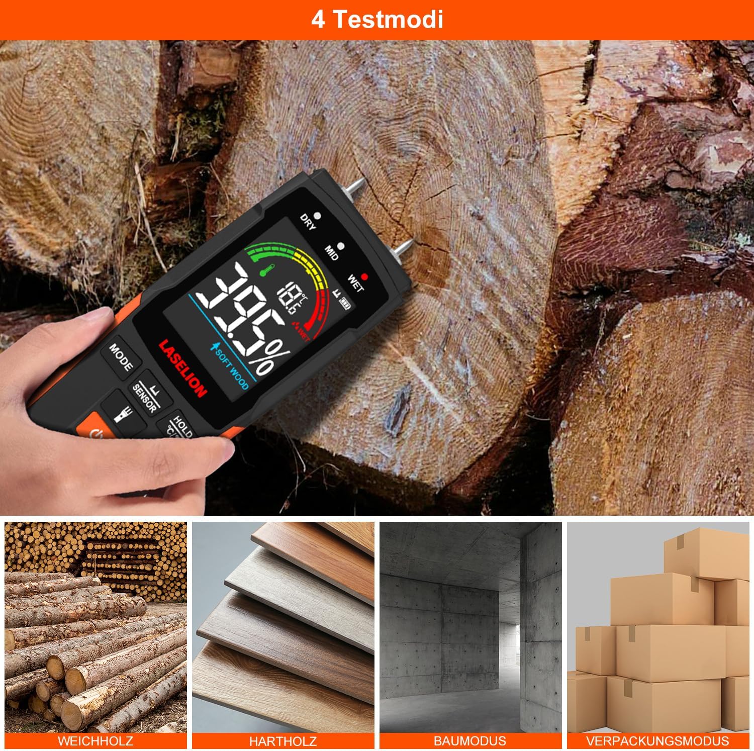 2-in-1-Feuchtemessgerät mit Stift- und Pinnless-Modus – für Holz, Beton, Trockenbau, Pappe und mehr – LCD-Display, Haltefunktion, Taschenlampe, automatische Abschaltung MS03 – Bild 4