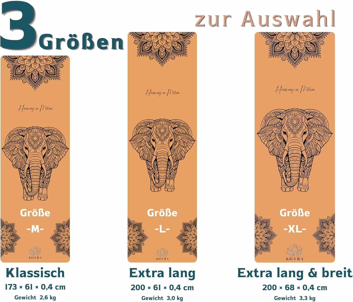 Yoga-Matte aus Kork & Naturkautschuk mit Elefanten-Mandala – rutschfeste Premium-Matte, 4 mm dick, mit Tragegurt, in 3 Größen – Bild 6
