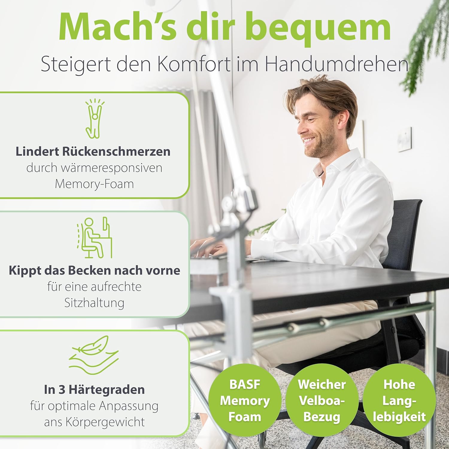 Feela. Orthopädisches Keilkissen (3 Härtegrade) – Haltungskorrektur aus Memory-Schaum für mehr Sitzkomfort und Linderung von Ischias – ideales Sitzkissen für Stuhl für Büro und Sofa (mittel) – Bild 2