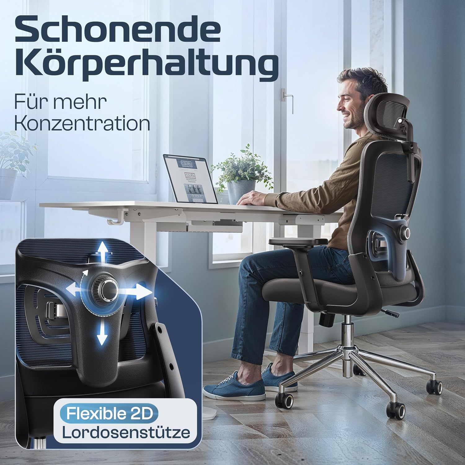 CLOUVOU BrightSeat Ergonomischer Bürostuhl (Testsieger), Schreibtischstuhl, 100 % individuell verstellbar, Bürostuhl und Gaming-Stuhl, Computerstuhl, Home-Office-Stuhl, ergonomischer Drehstuhl, 150 kg – Bild 3