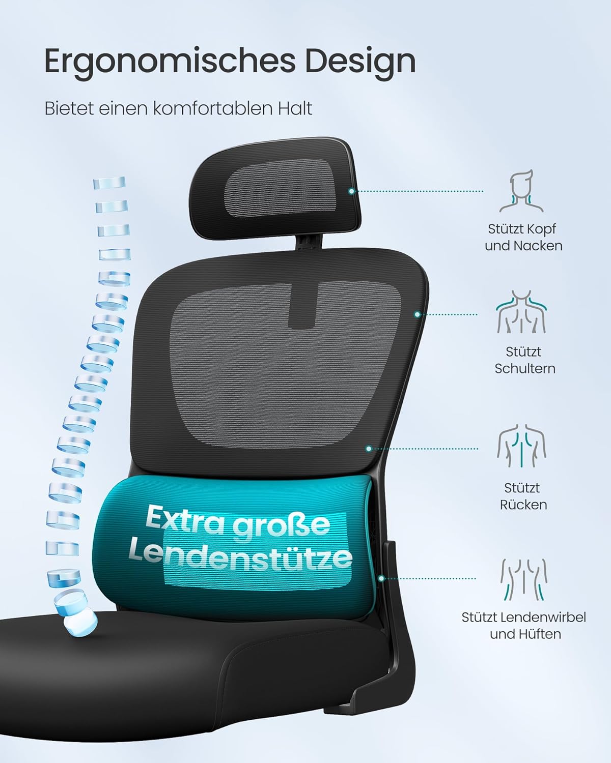 SONGMICS Bürostuhl, Schreibtischstuhl, ergonomischer Netzstuhl, doppellagiges Netzgewebe, atmungsaktiv, adaptive Lordosenstütze, verstellbare Kopfstütze, für das Heimbüro, Tintenschwarz OBN041B01 – Bild 6