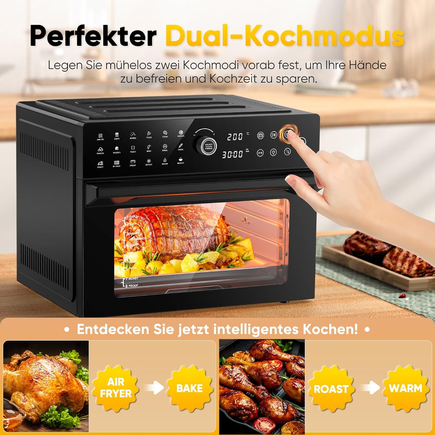 30L Heißluftfritteuse XXL Minibackofen mit LED-Touchscreen, Minibackofen mit Konvektionsluft mit 20 Programmen und zwei Garmodi, 1800W Heißluftfritteuse Heißluftfritteuse ohne Öl, 8 Stunden Timer, Rezeptbuch, 7 Anhänge – Bild 5