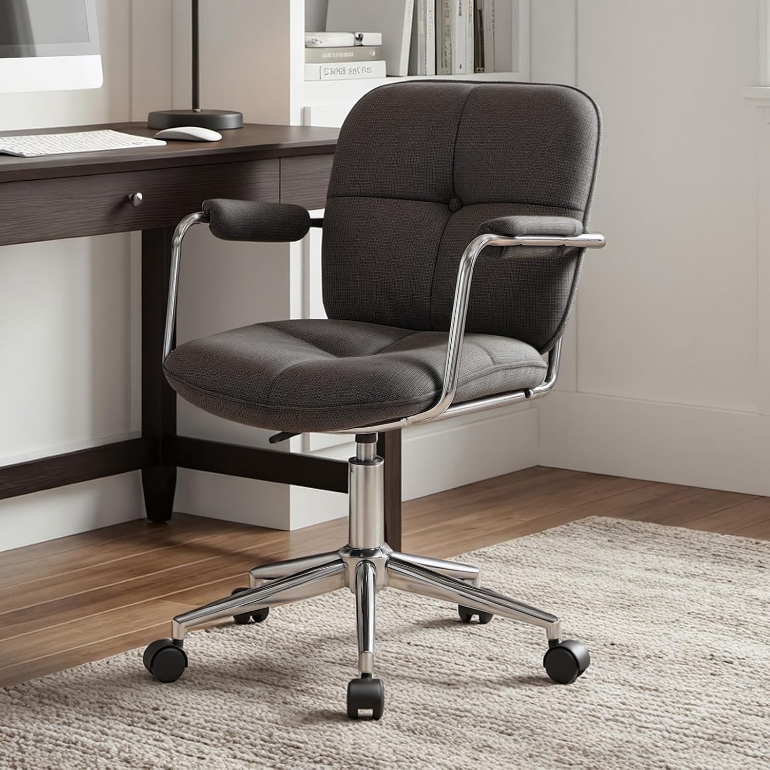 Ya-Home Schreibtischstuhl, Bürostuhl, ergonomisch mit Armlehne, 360° drehbarer Heimbürostuhl, höhenverstellbar, Computerstuhl mit Rollen für Arbeitszimmer, Schlafzimmer, Chenille-Stoff, Grau