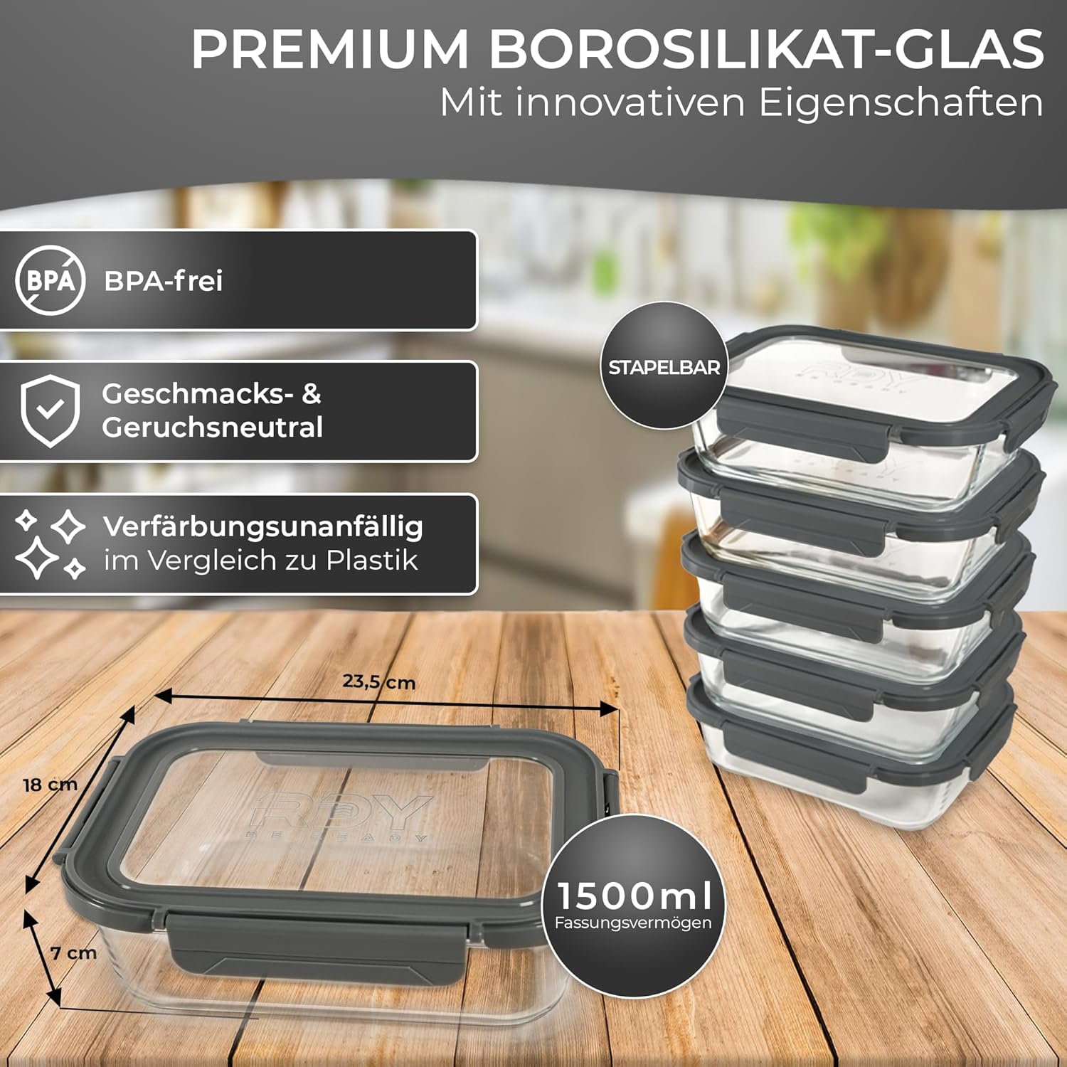 RDY Meal-Prep-Boxen aus Glas, 1500 ml – 5er-Set – luftdichte Glasbehälter für Mikrowelle, Backofen, Gefrierfach – Frischhaltedosen mit Deckel – BPA-frei, spülmaschinenfest – Glasdosen, Lebensmittelbox, Gefrierschrank – Bild 3